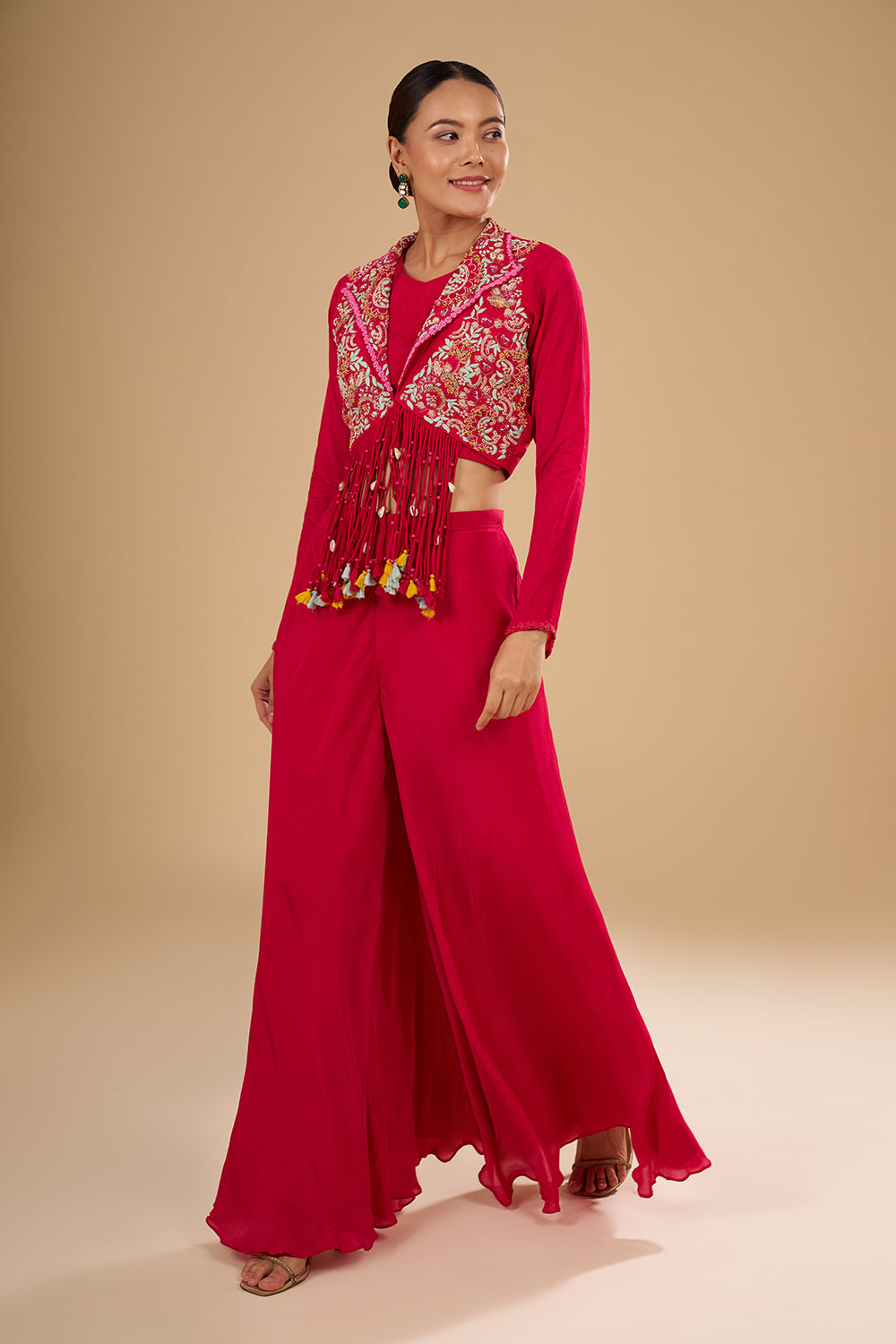 Rani Pink Short Jacket Bustier Set with Kashmiri Resham Embroidery