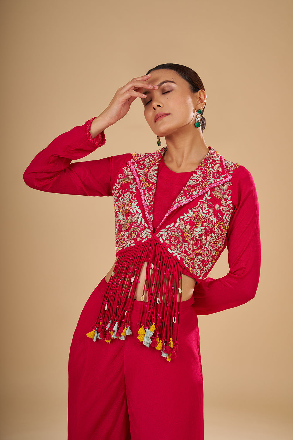 Rani Pink Short Jacket Bustier Set with Kashmiri Resham Embroidery