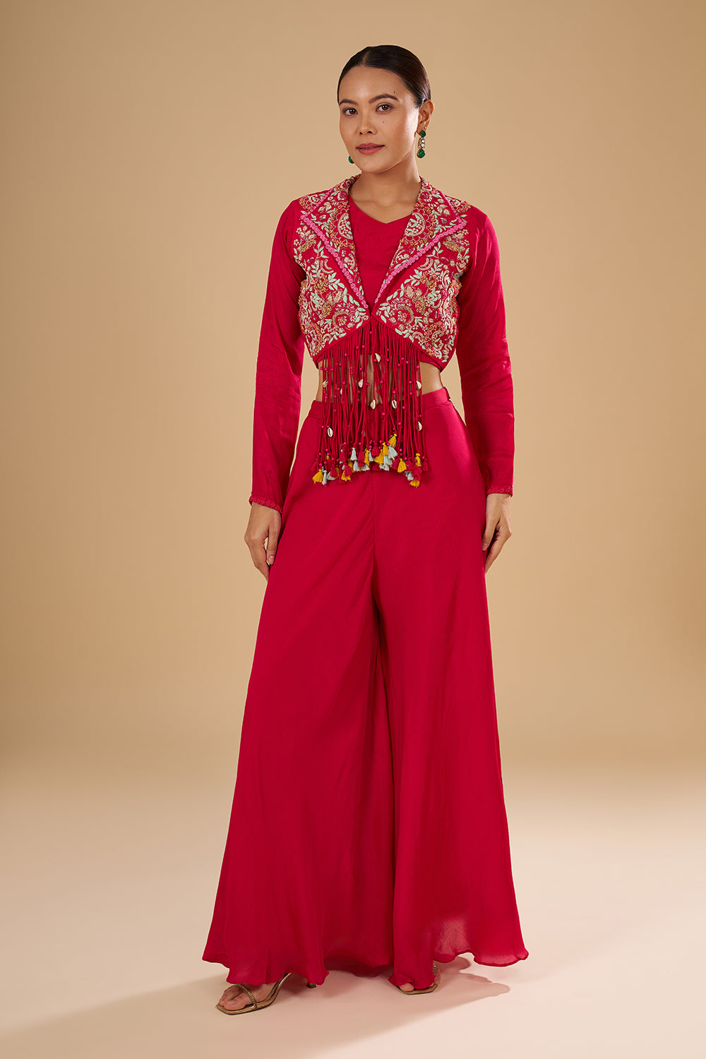 Rani Pink Short Jacket Bustier Set with Kashmiri Resham Embroidery