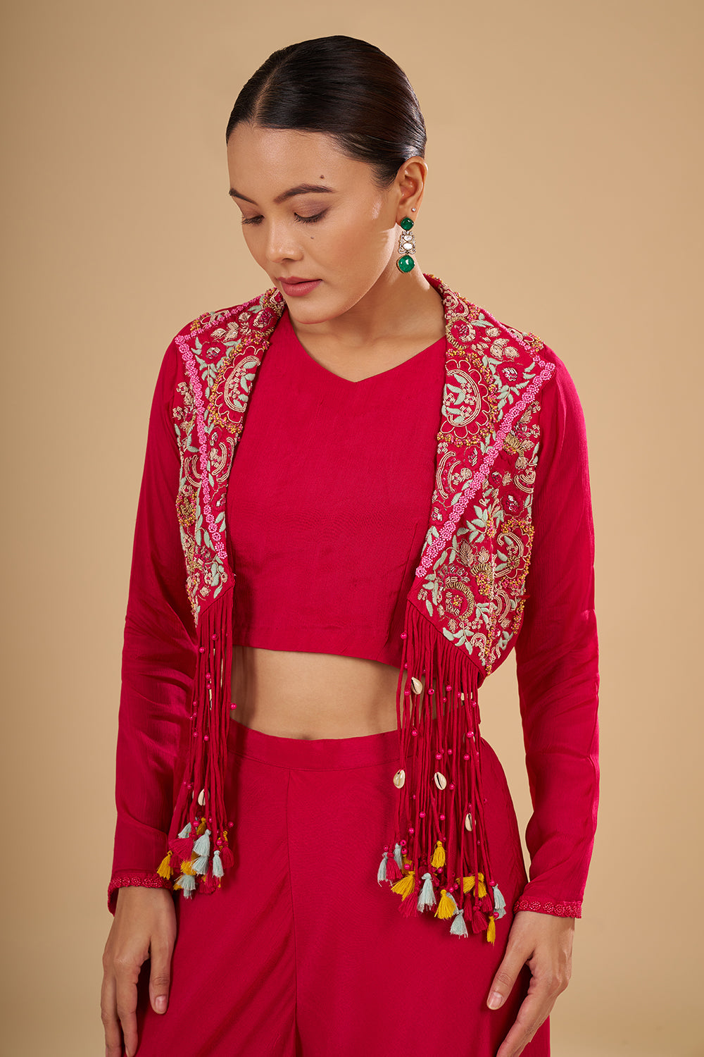 Rani Pink Short Jacket Bustier Set with Kashmiri Resham Embroidery