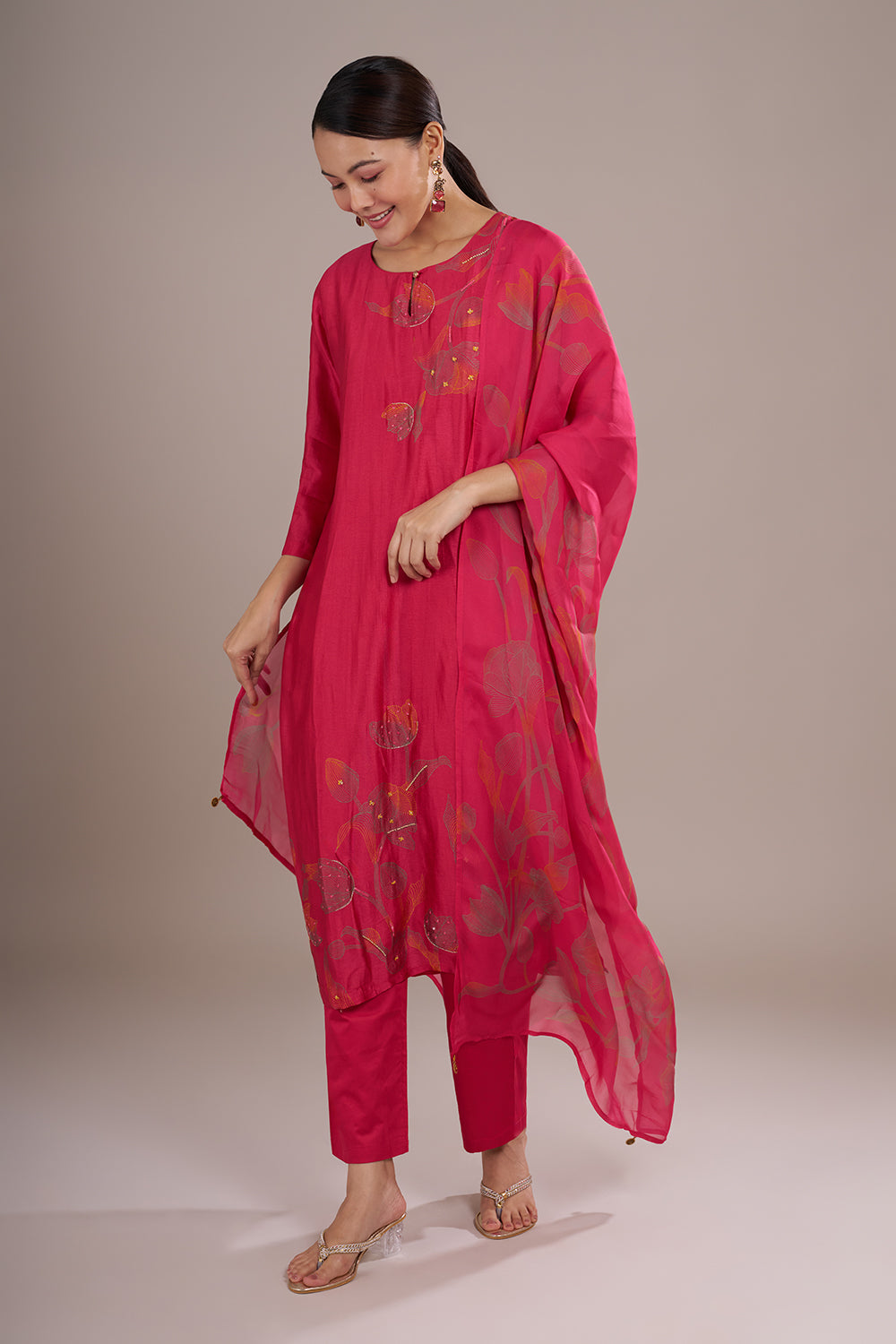 Rani Pink Silk Blend Straight Kurta Set with Resham Work