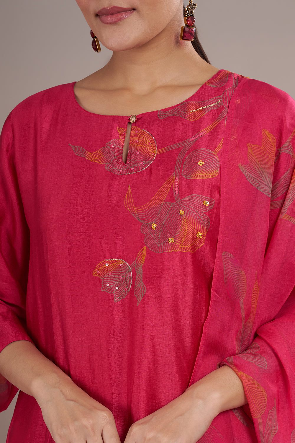 Rani Pink Silk Blend Straight Kurta Set with Resham Work