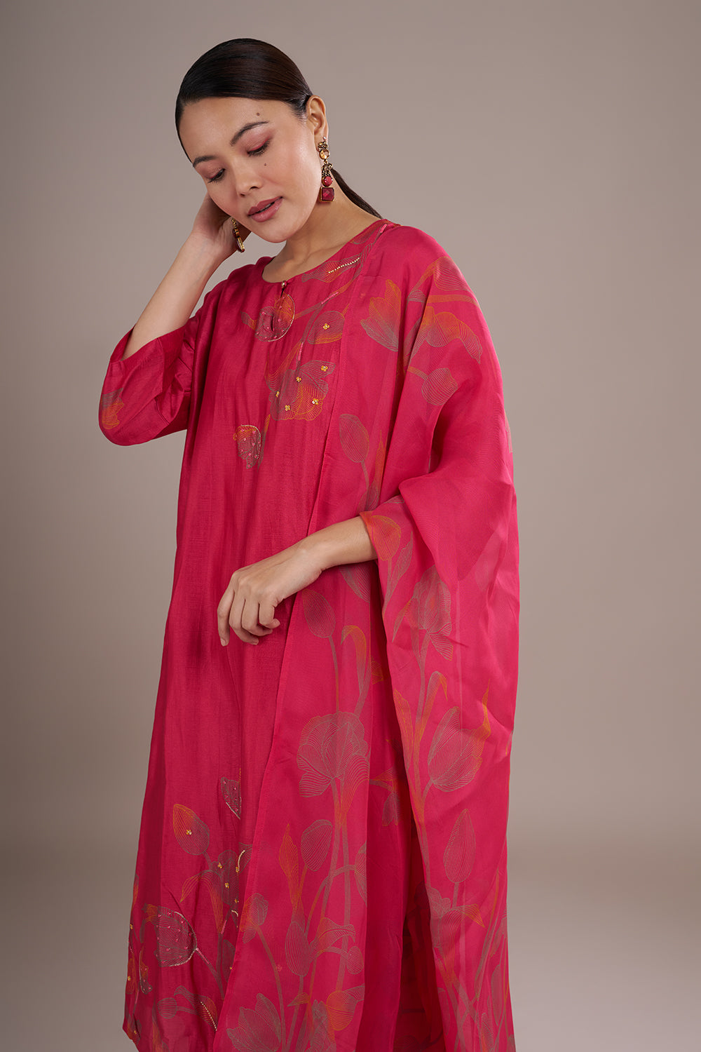 Rani Pink Silk Blend Straight Kurta Set with Resham Work