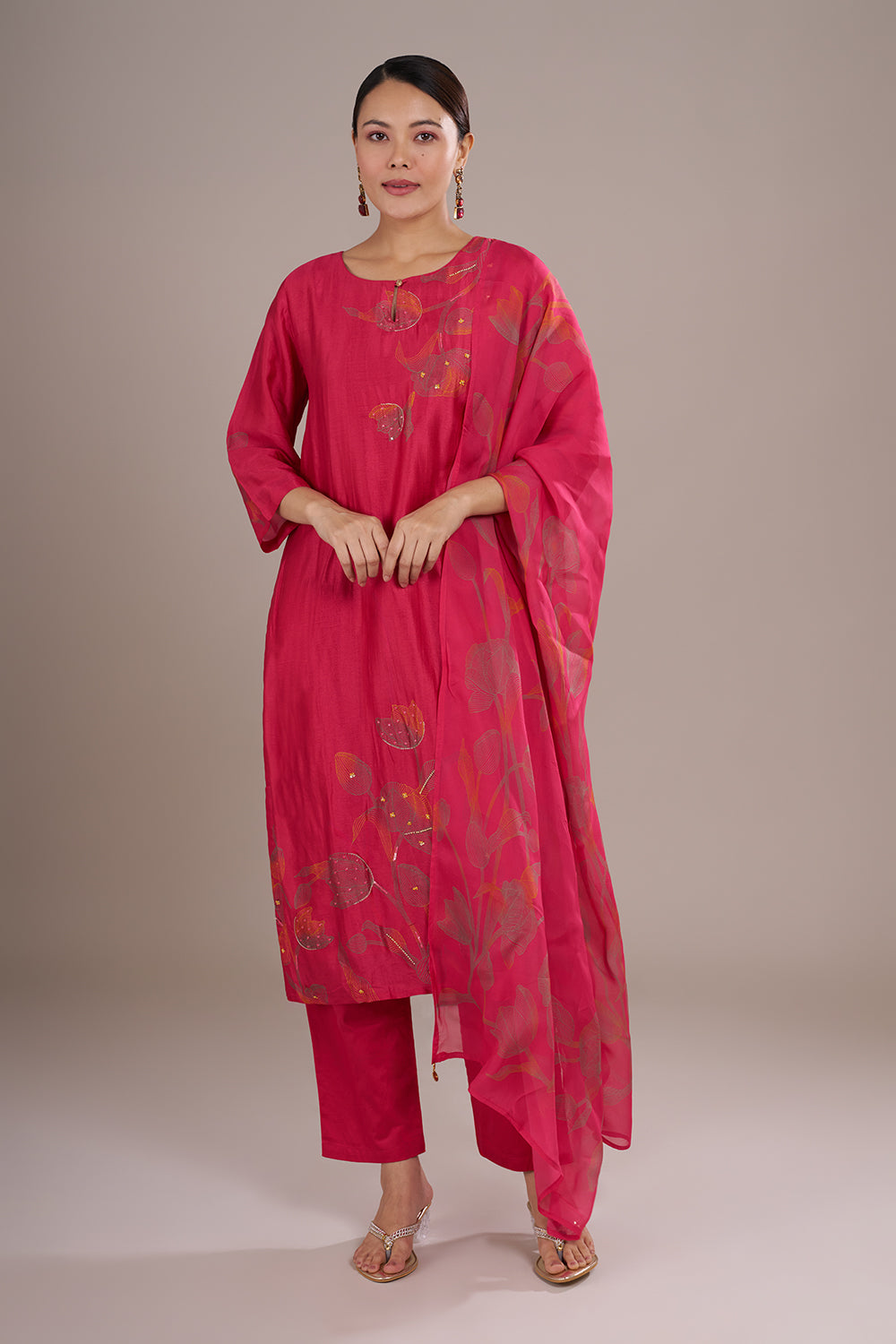 Rani Pink Silk Blend Straight Kurta Set with Resham Work