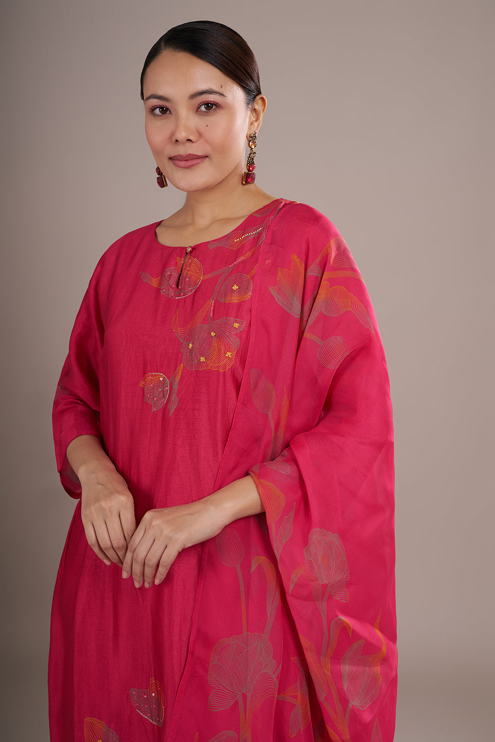 Rani Pink Silk Blend Straight Kurta Set with Resham Work