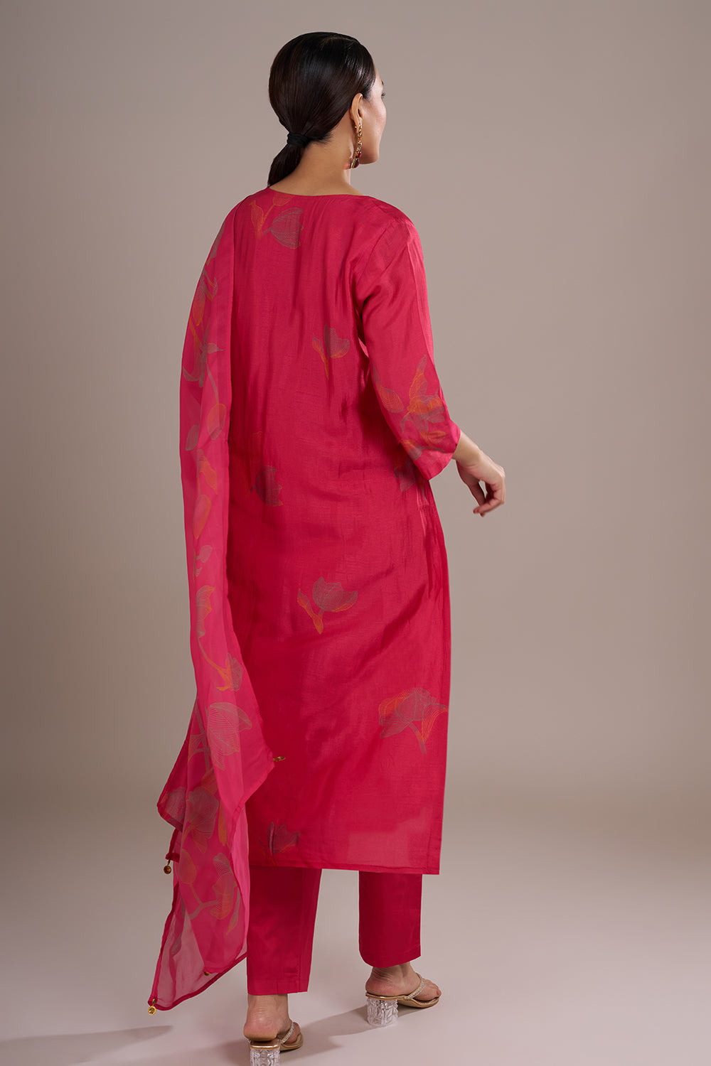 Rani Pink Silk Blend Straight Kurta Set with Resham Work