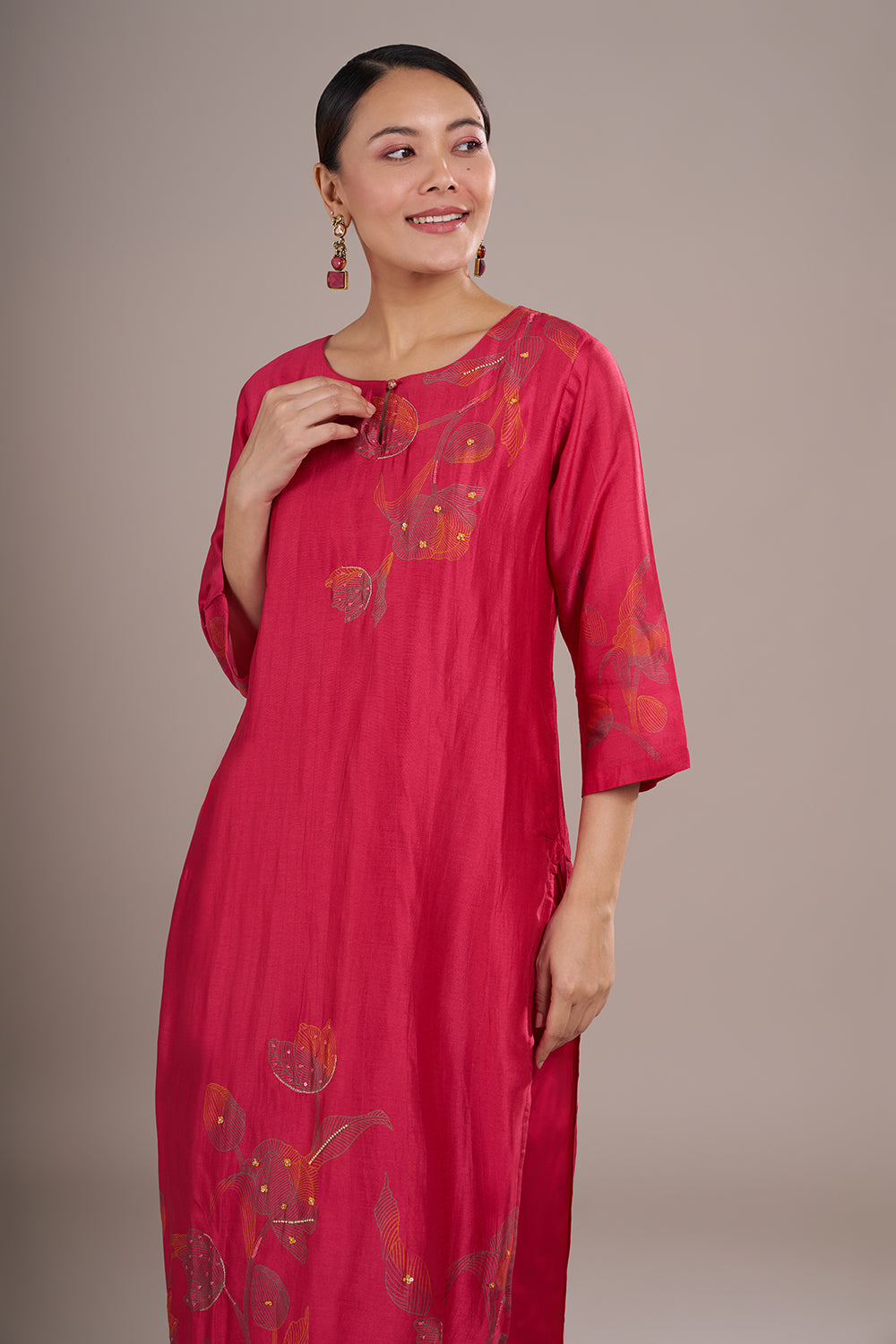 Rani Pink Silk Blend Straight Kurta Set with Resham Work