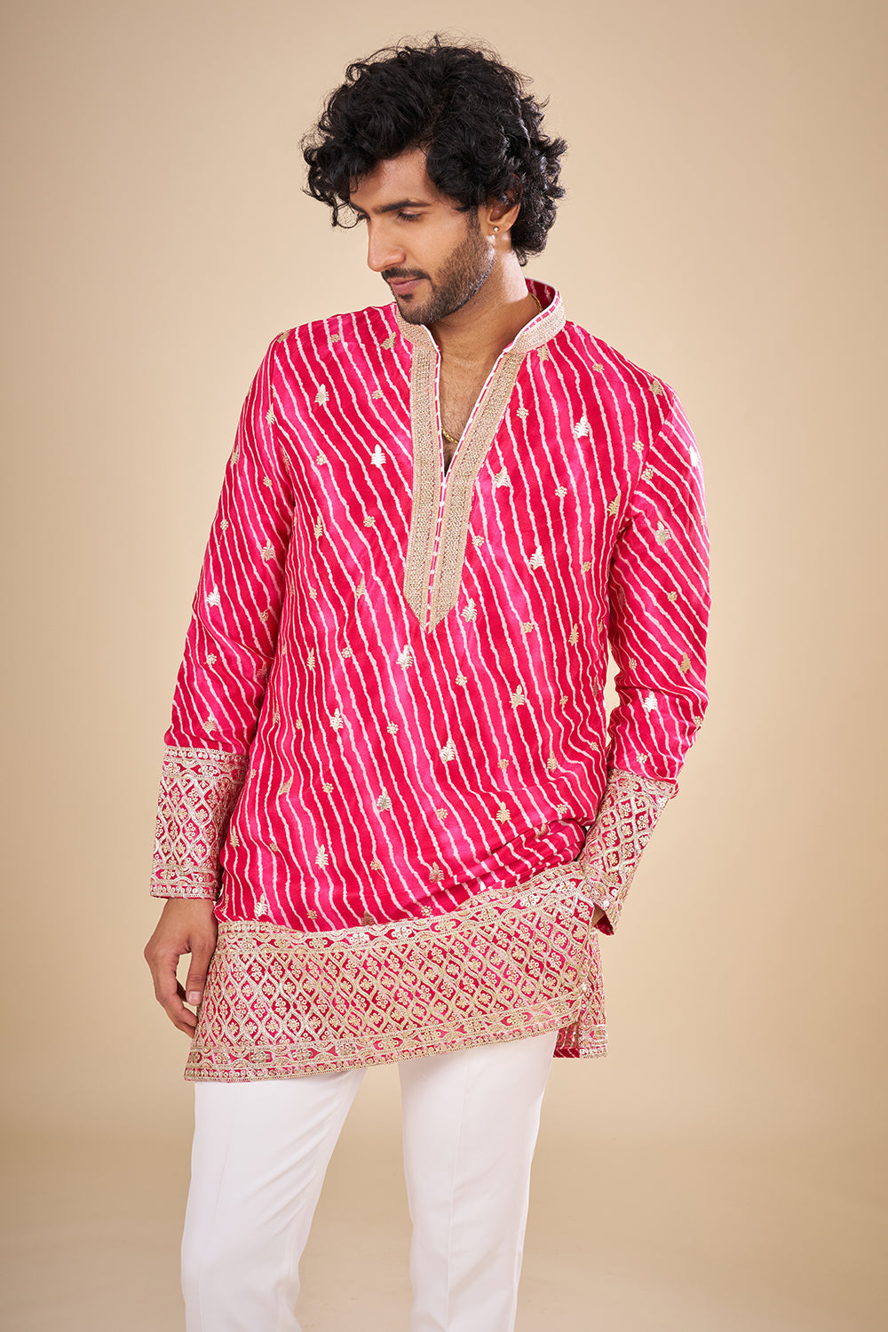 Rani Pink Silk Leheriya Kurta Set with Gota Patti Work