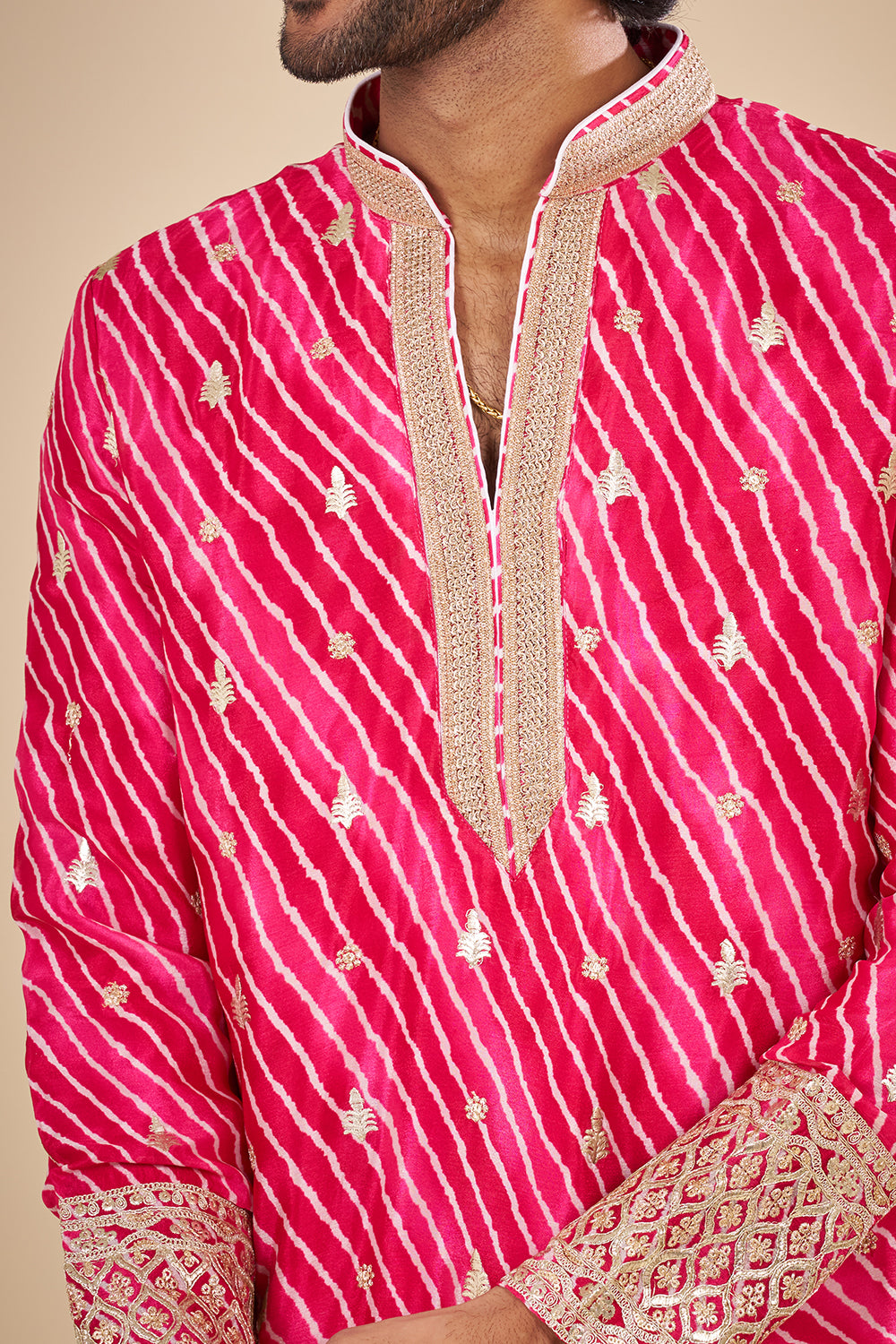 Rani Pink Silk Leheriya Kurta Set with Gota Patti Work