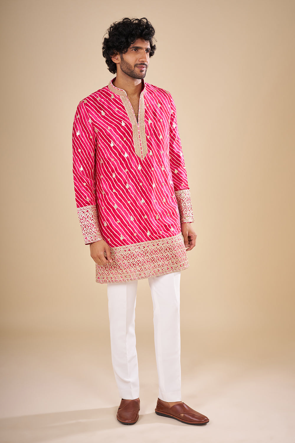 Rani Pink Silk Leheriya Kurta Set with Gota Patti Work