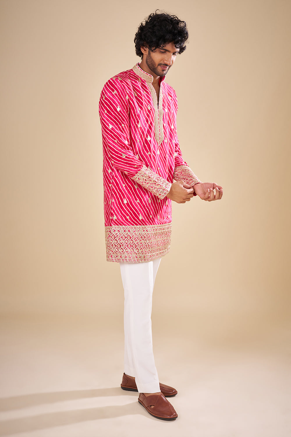 Rani Pink Silk Leheriya Kurta Set with Gota Patti Work