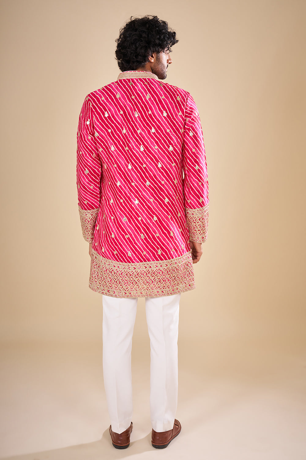 Rani Pink Silk Leheriya Kurta Set with Gota Patti Work