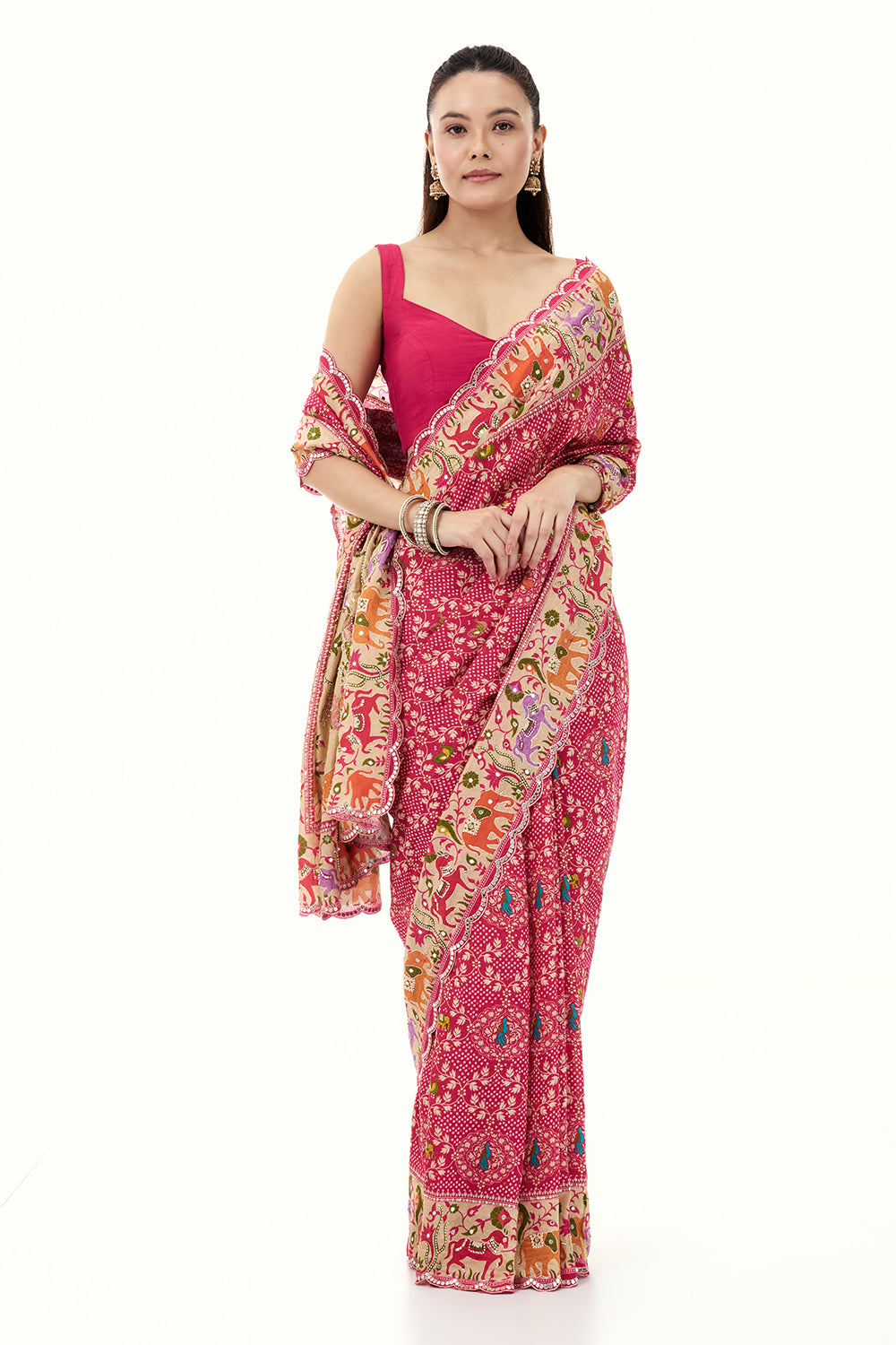 Rani Pink Silk Bandhej Print Saree with Mirror and Zari Work