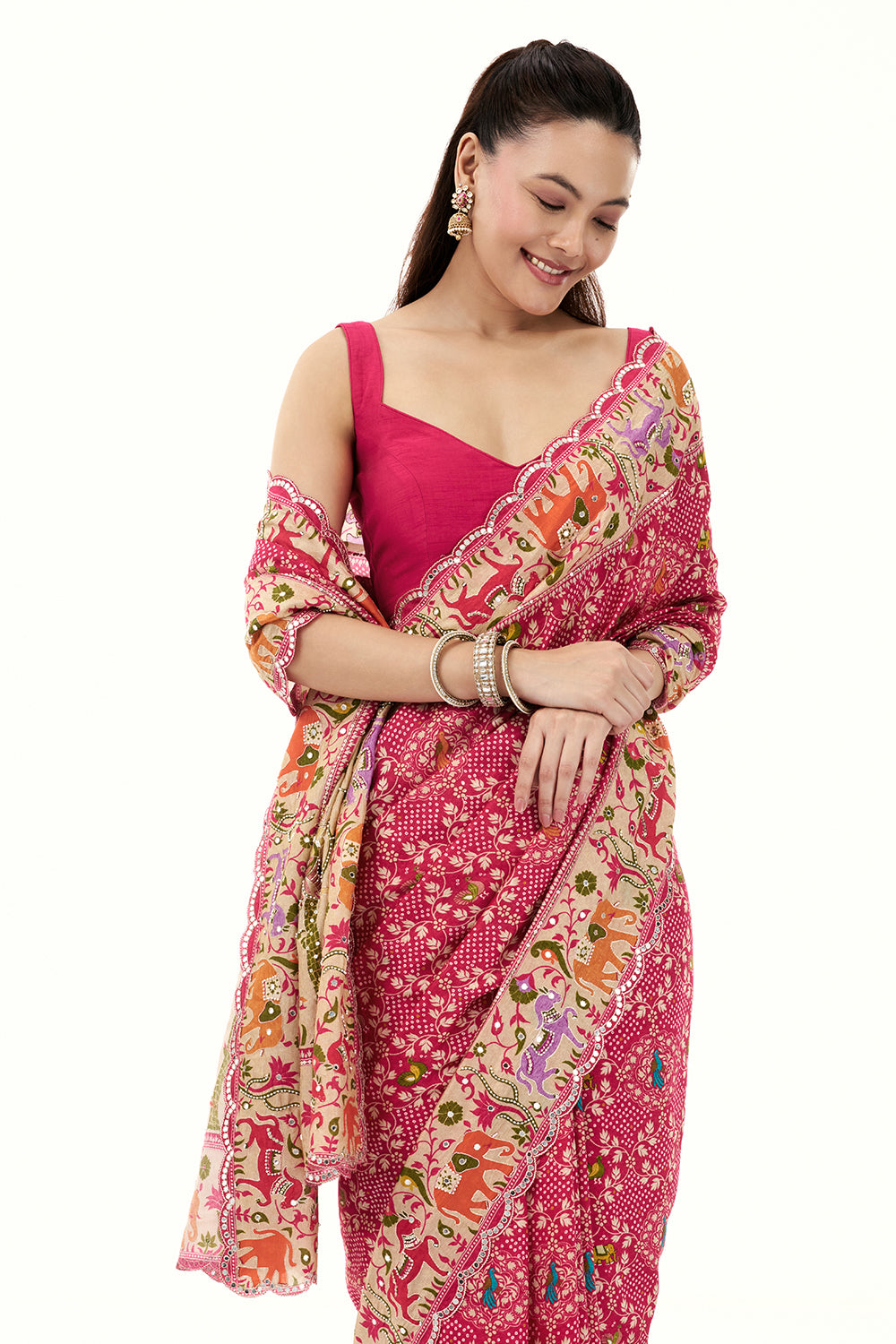 Rani Pink Silk Bandhej Print Saree with Mirror and Zari Work