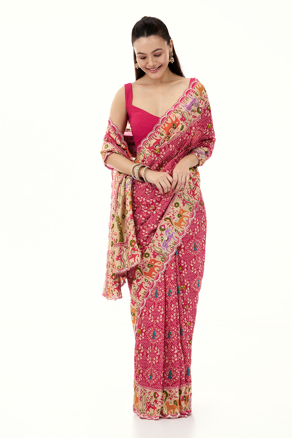 Rani Pink Silk Bandhej Print Saree with Mirror and Zari Work