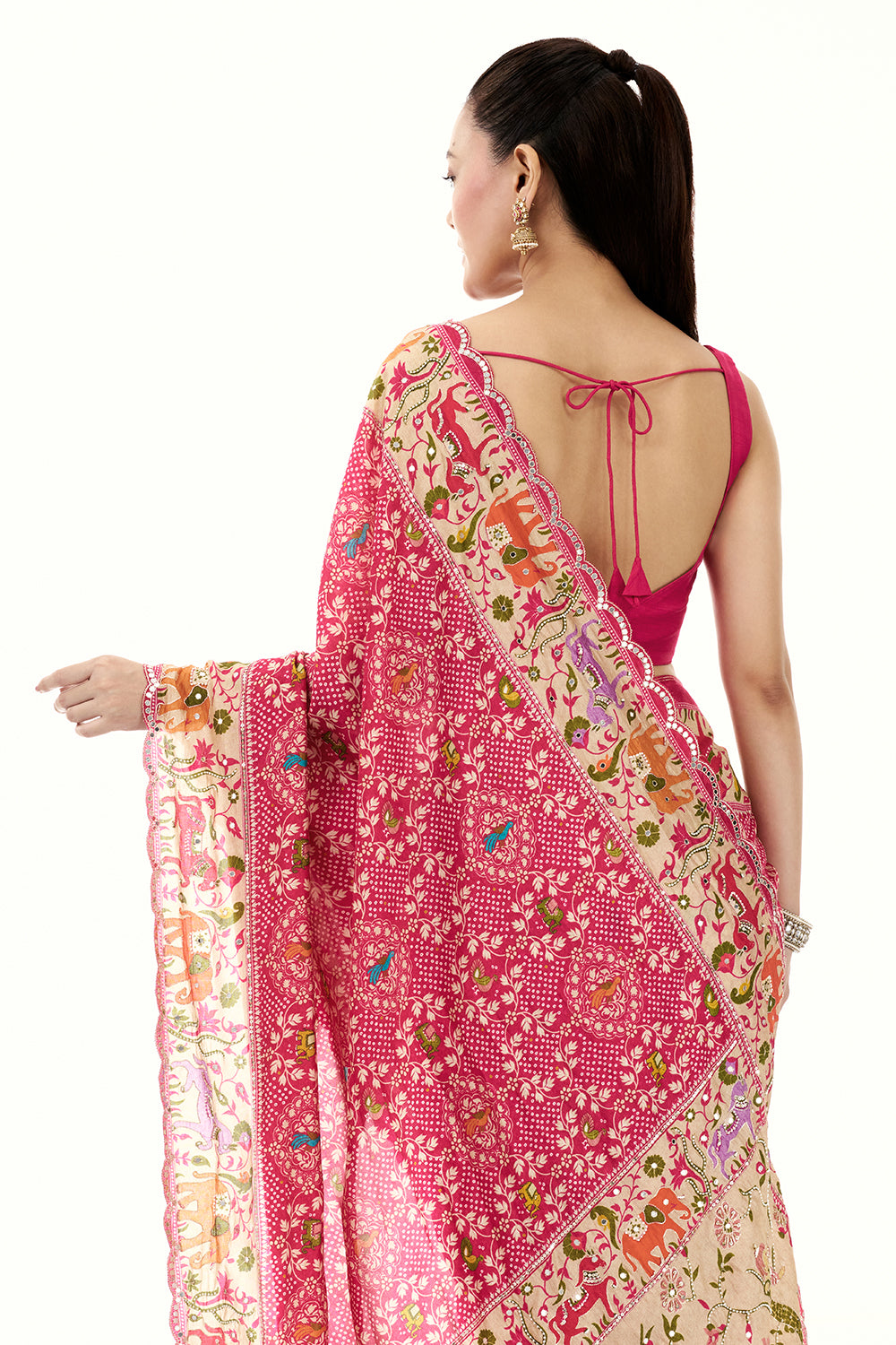 Rani Pink Silk Bandhej Print Saree with Mirror and Zari Work