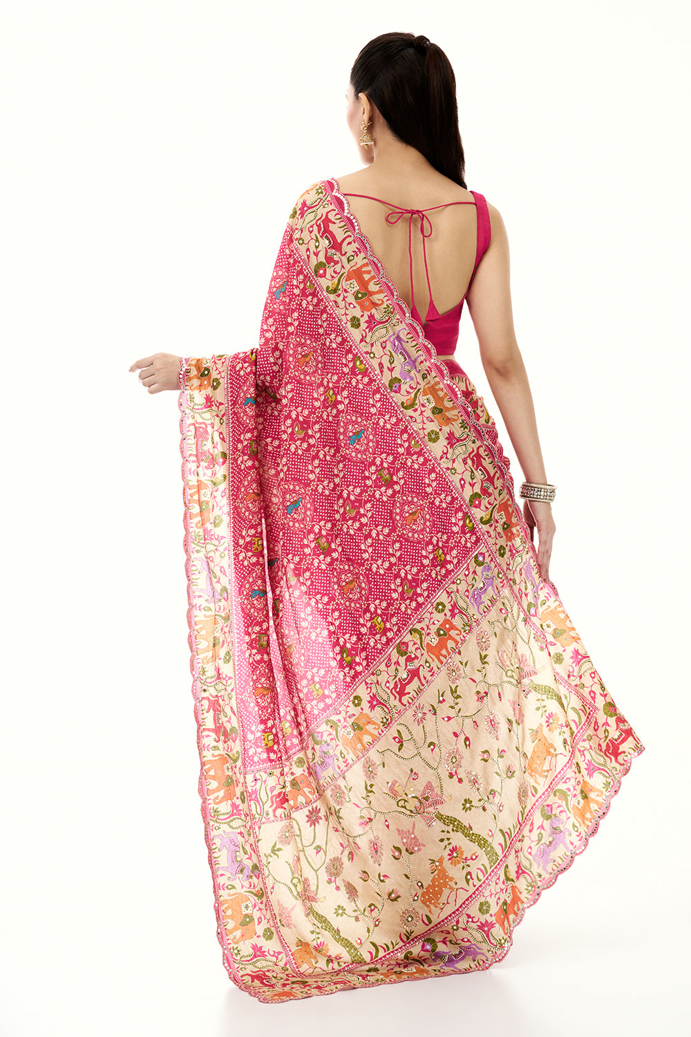 Rani Pink Silk Bandhej Print Saree with Mirror and Zari Work