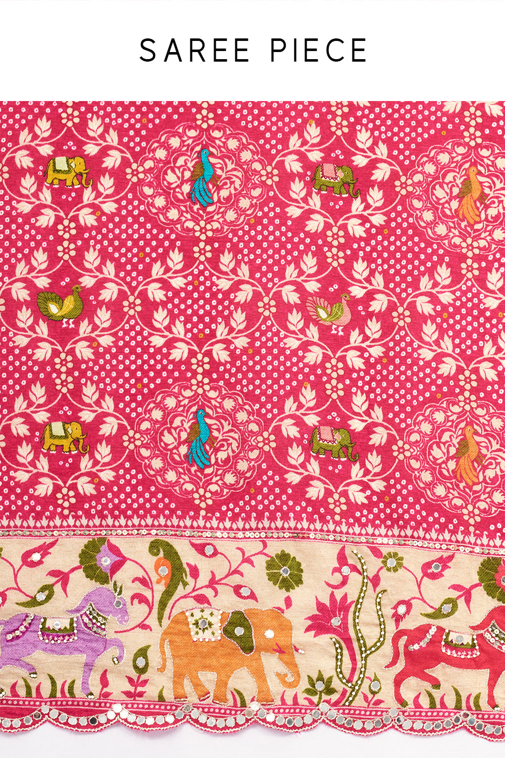 Rani Pink Silk Bandhej Print Saree with Mirror and Zari Work
