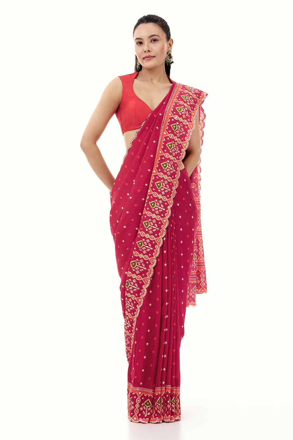 Rani Pink Printed Silk Saree with Mirror and Zari Work