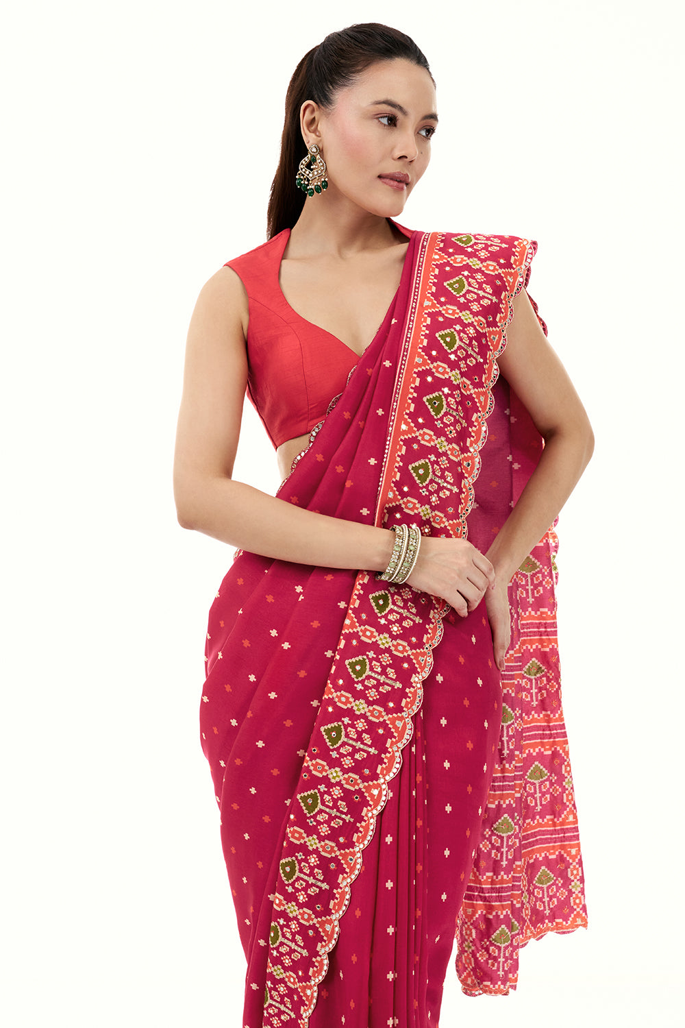 Rani Pink Printed Silk Saree with Mirror and Zari Work