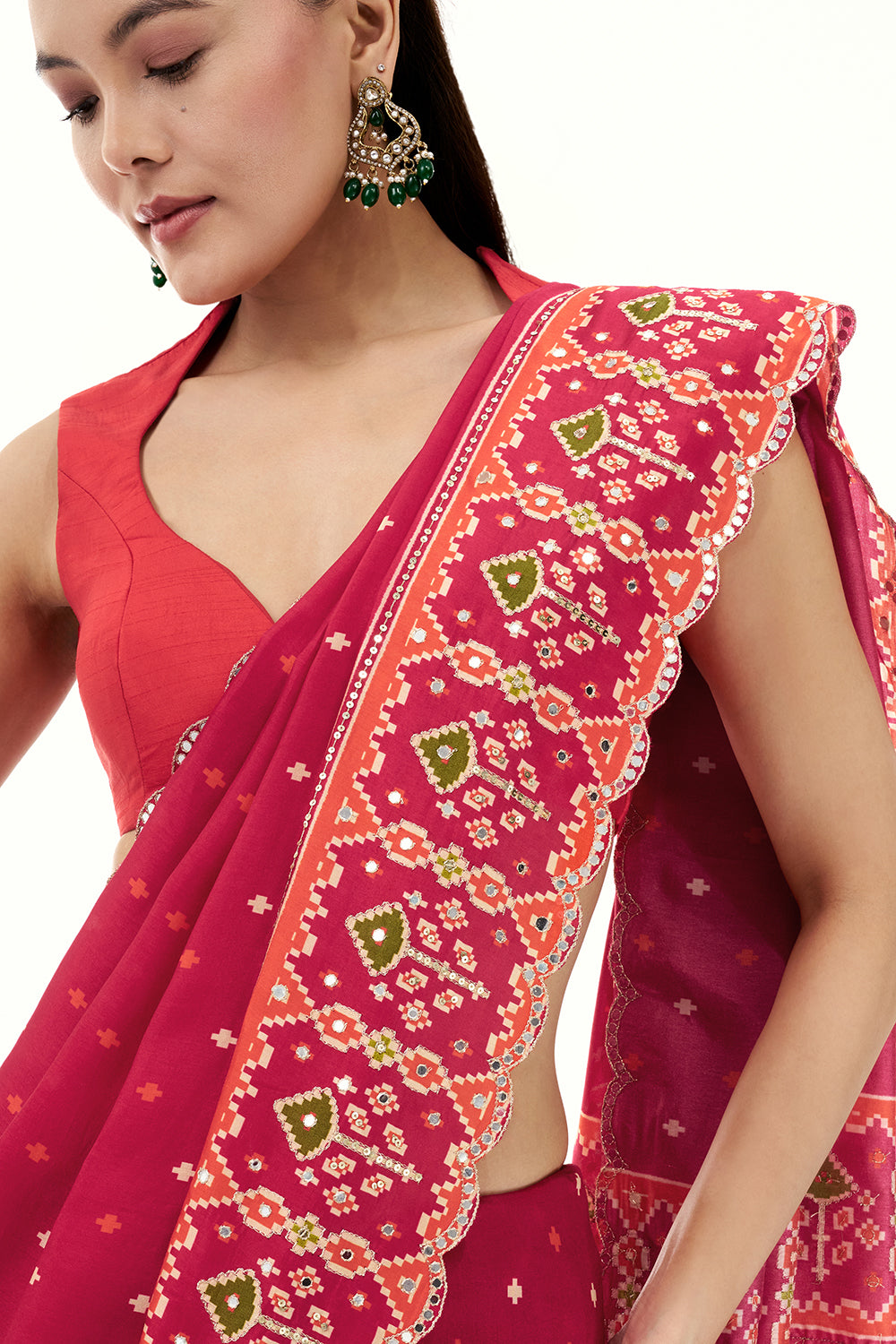 Rani Pink Printed Silk Saree with Mirror and Zari Work