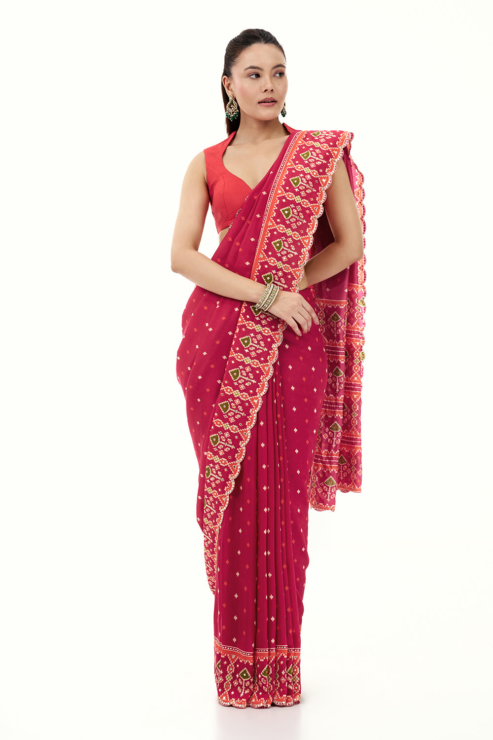 Rani Pink Printed Silk Saree with Mirror and Zari Work