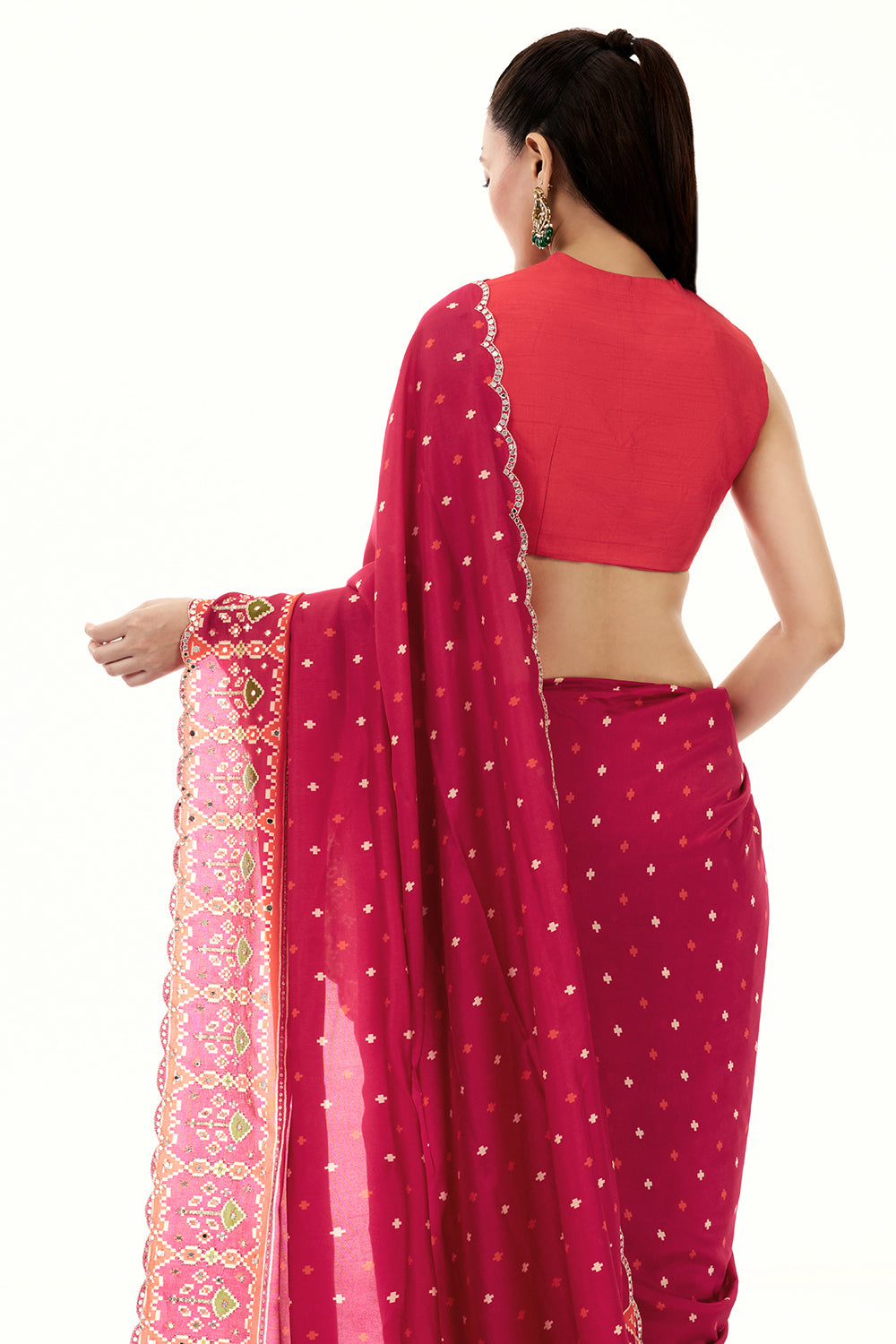Rani Pink Printed Silk Saree with Mirror and Zari Work