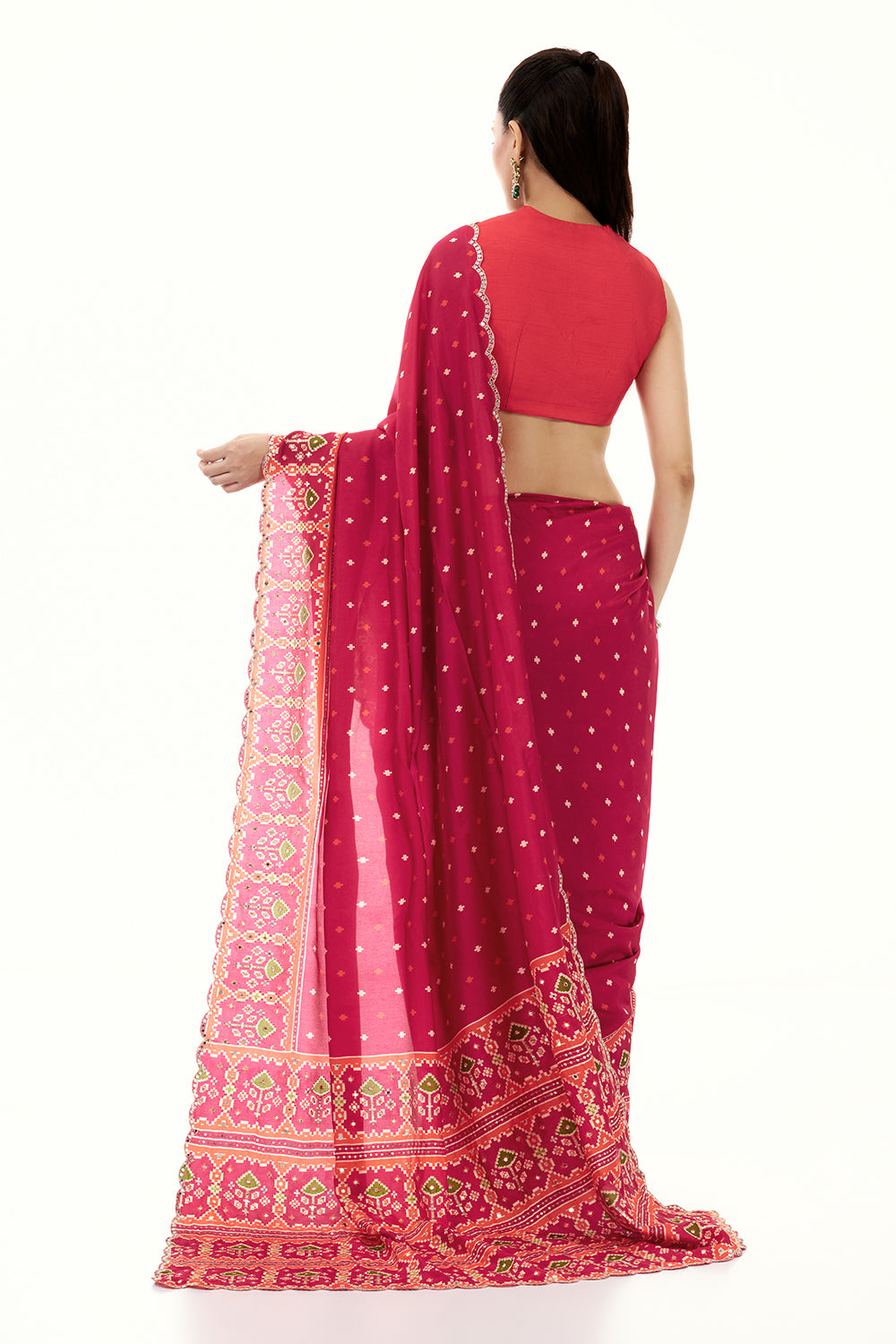 Rani Pink Printed Silk Saree with Mirror and Zari Work