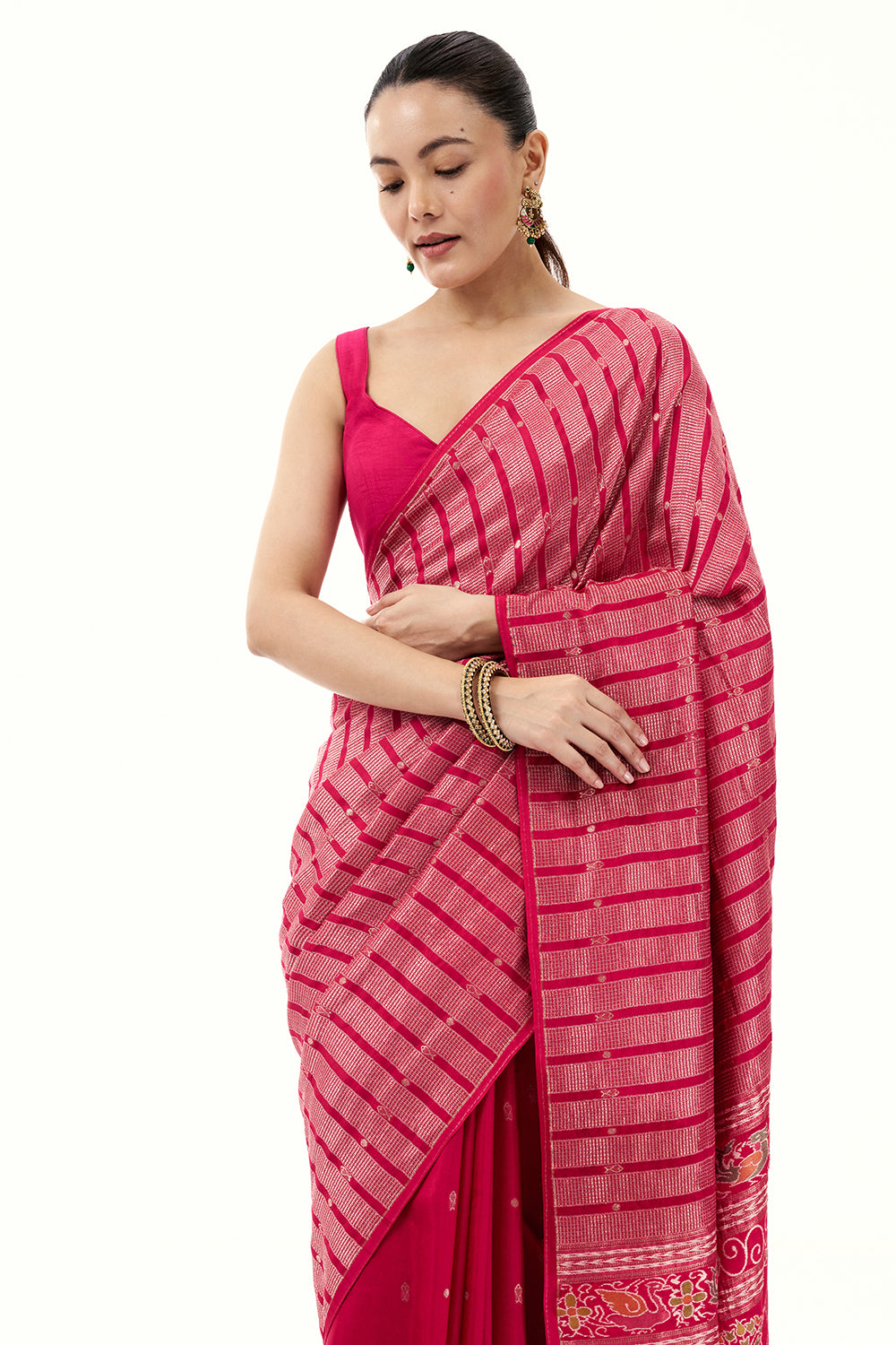 Rani Pink Silk Woven Saree with Nature Motifs
