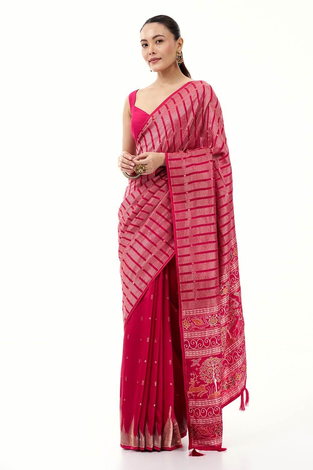 Rani Pink Silk Woven Saree with Nature Motifs