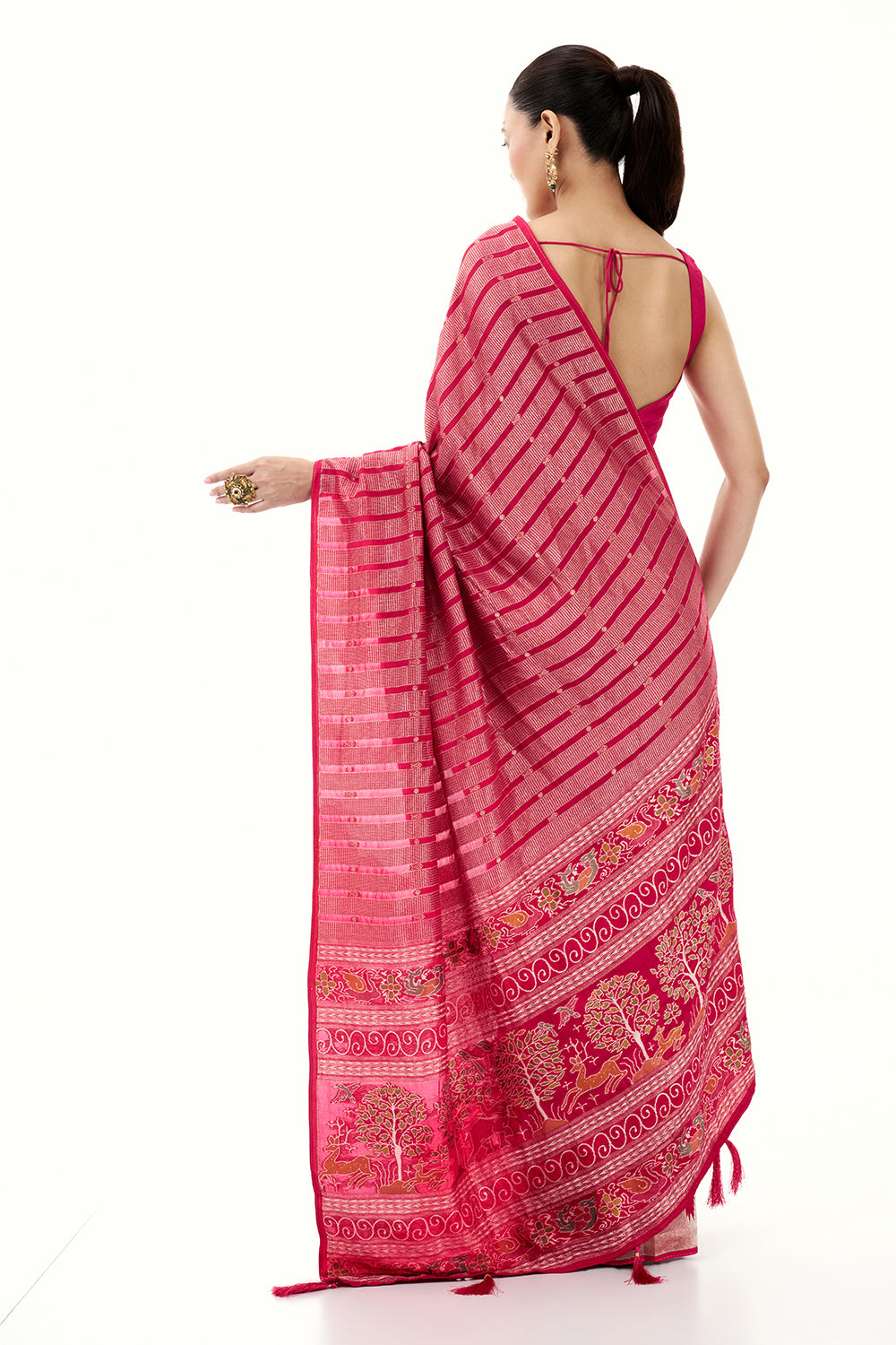 Rani Pink Silk Woven Saree with Nature Motifs