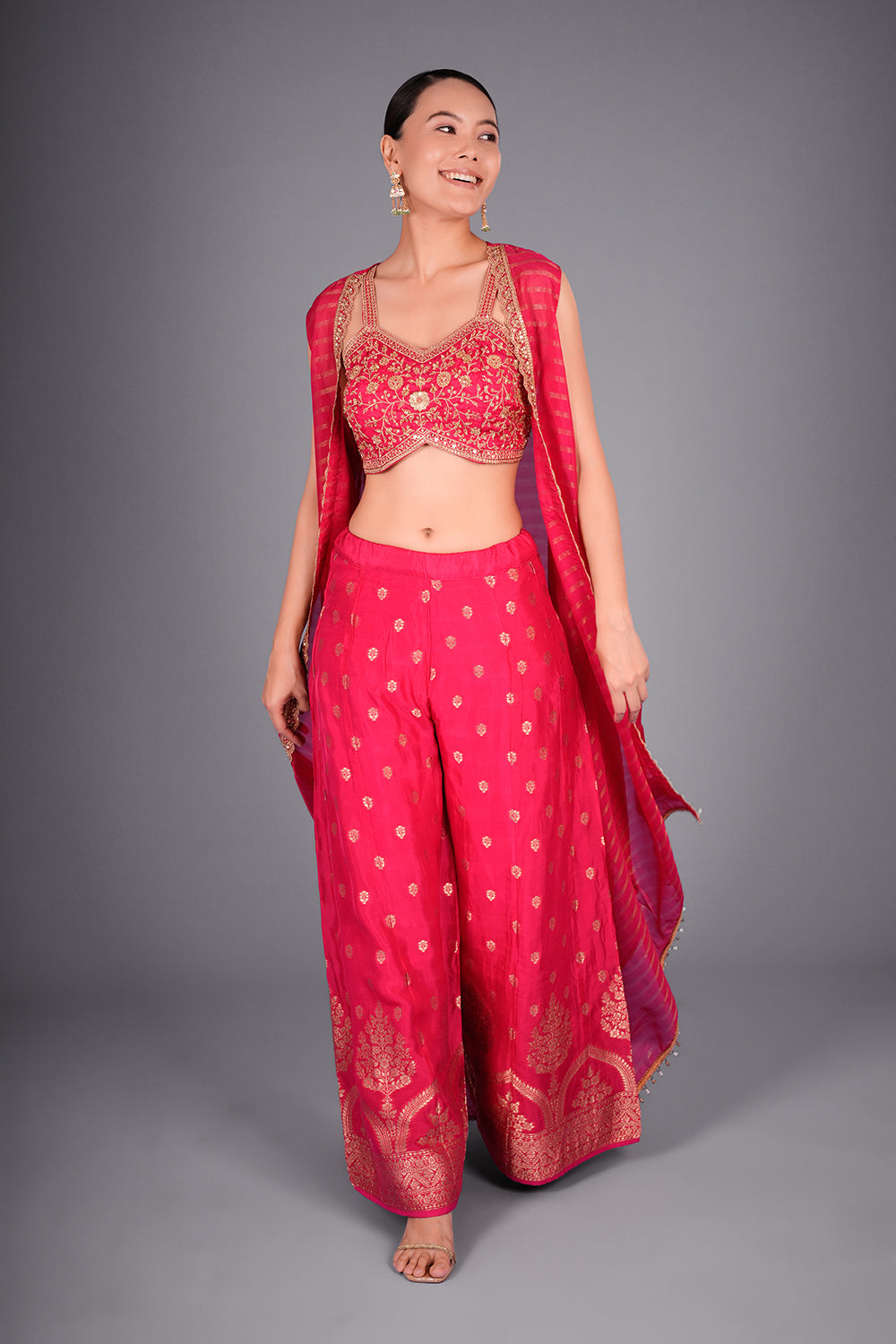 Rani Pink Suit with Embroidered Bustier and Leheriya Cape