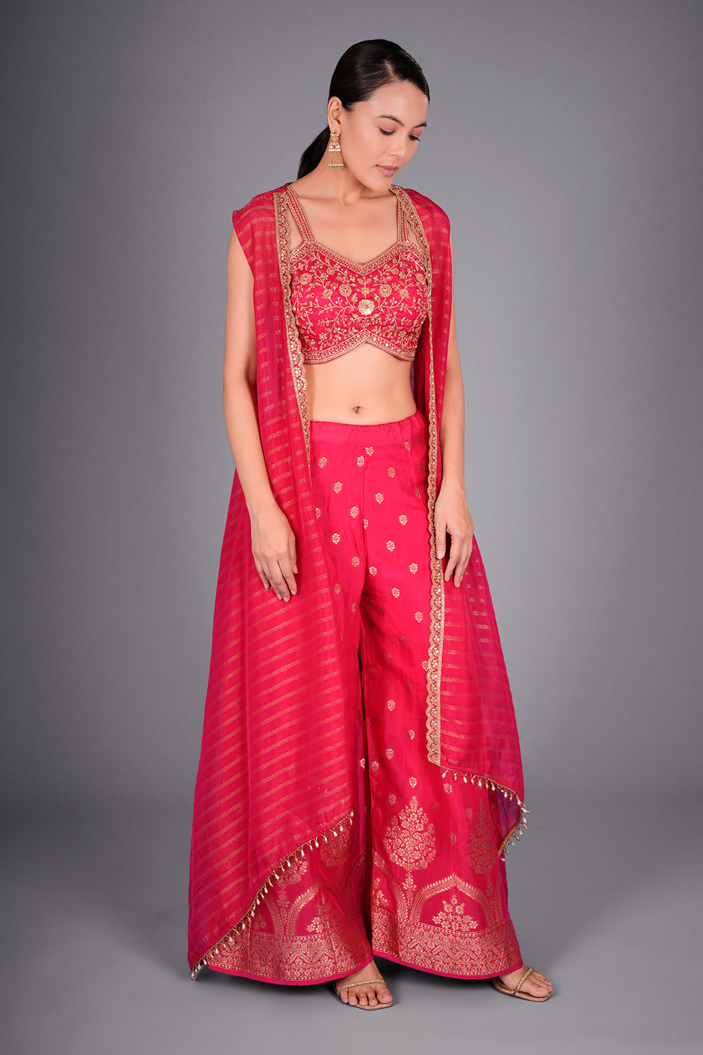 Rani Pink Suit with Embroidered Bustier and Leheriya Cape