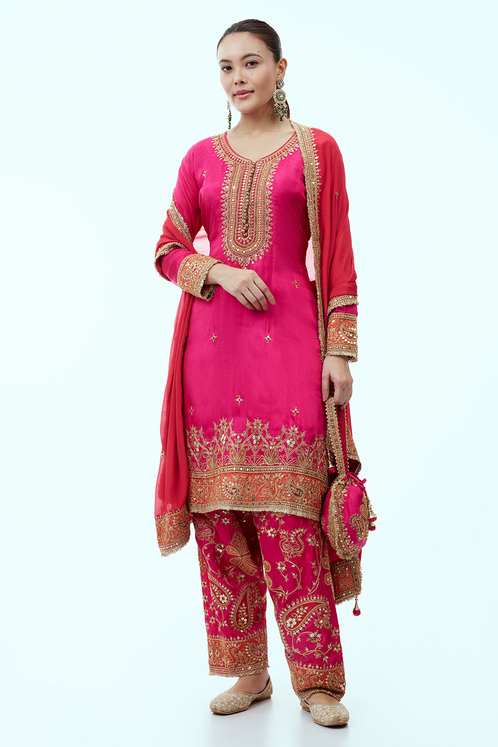 Rani Pink Tissue Kurta Set with Zari Embroidery and Red Dupatta