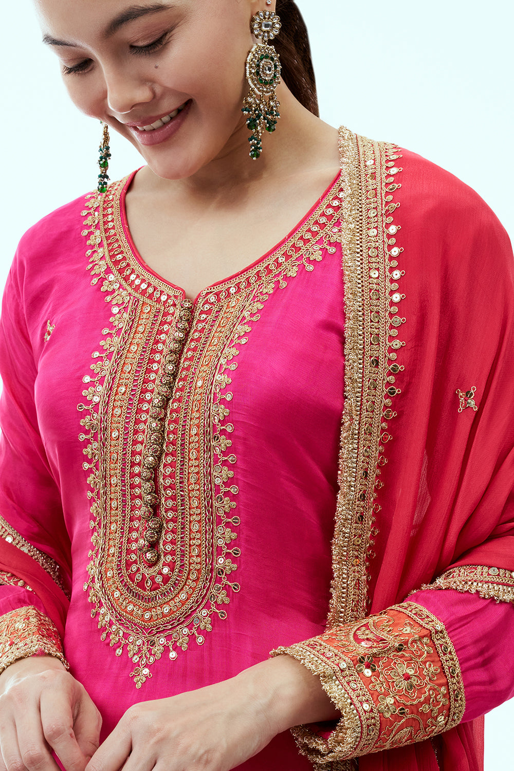 Rani Pink Tissue Kurta Set with Zari Embroidery and Red Dupatta
