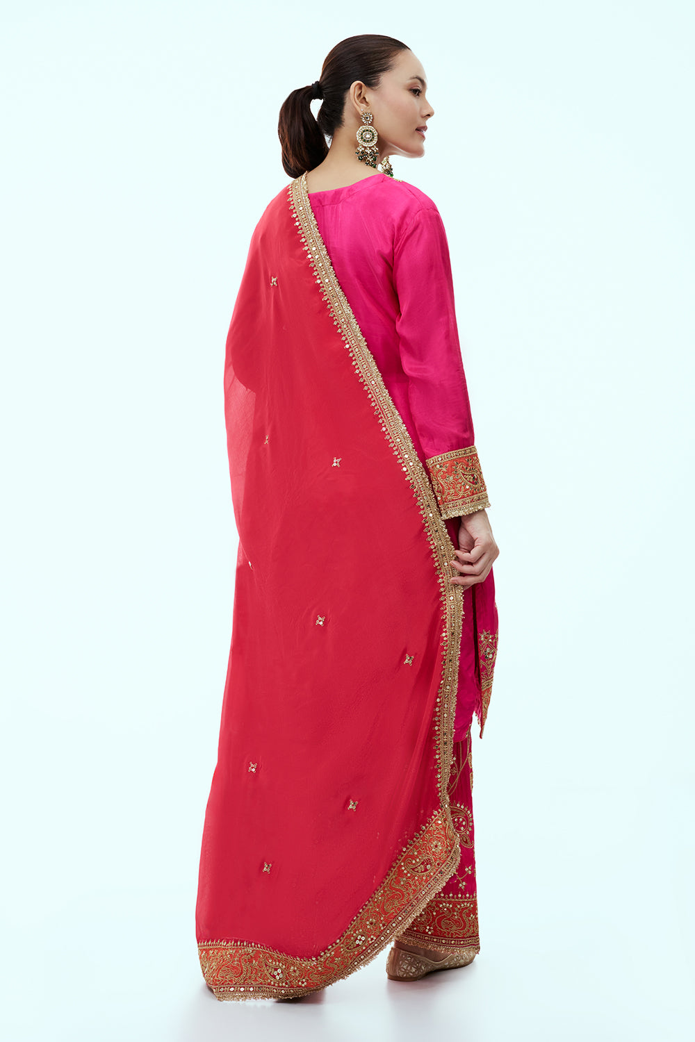 Rani Pink Tissue Kurta Set with Zari Embroidery and Red Dupatta