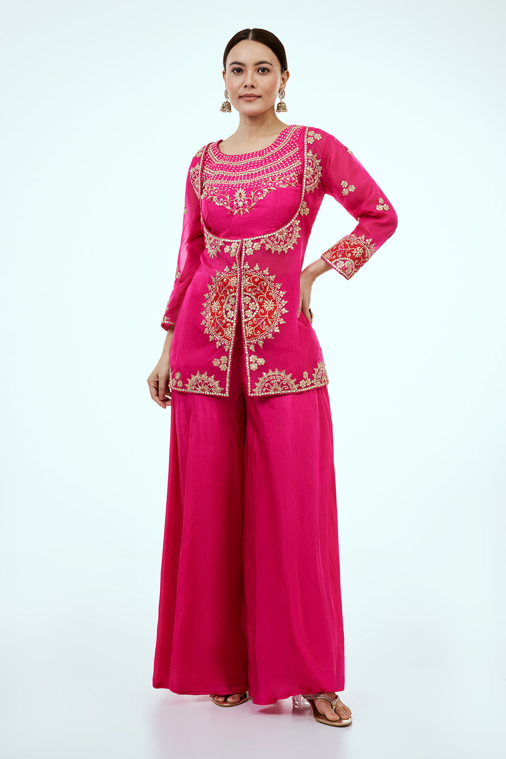 Rani Pink Organza Co-ord Set with Zardosi Work