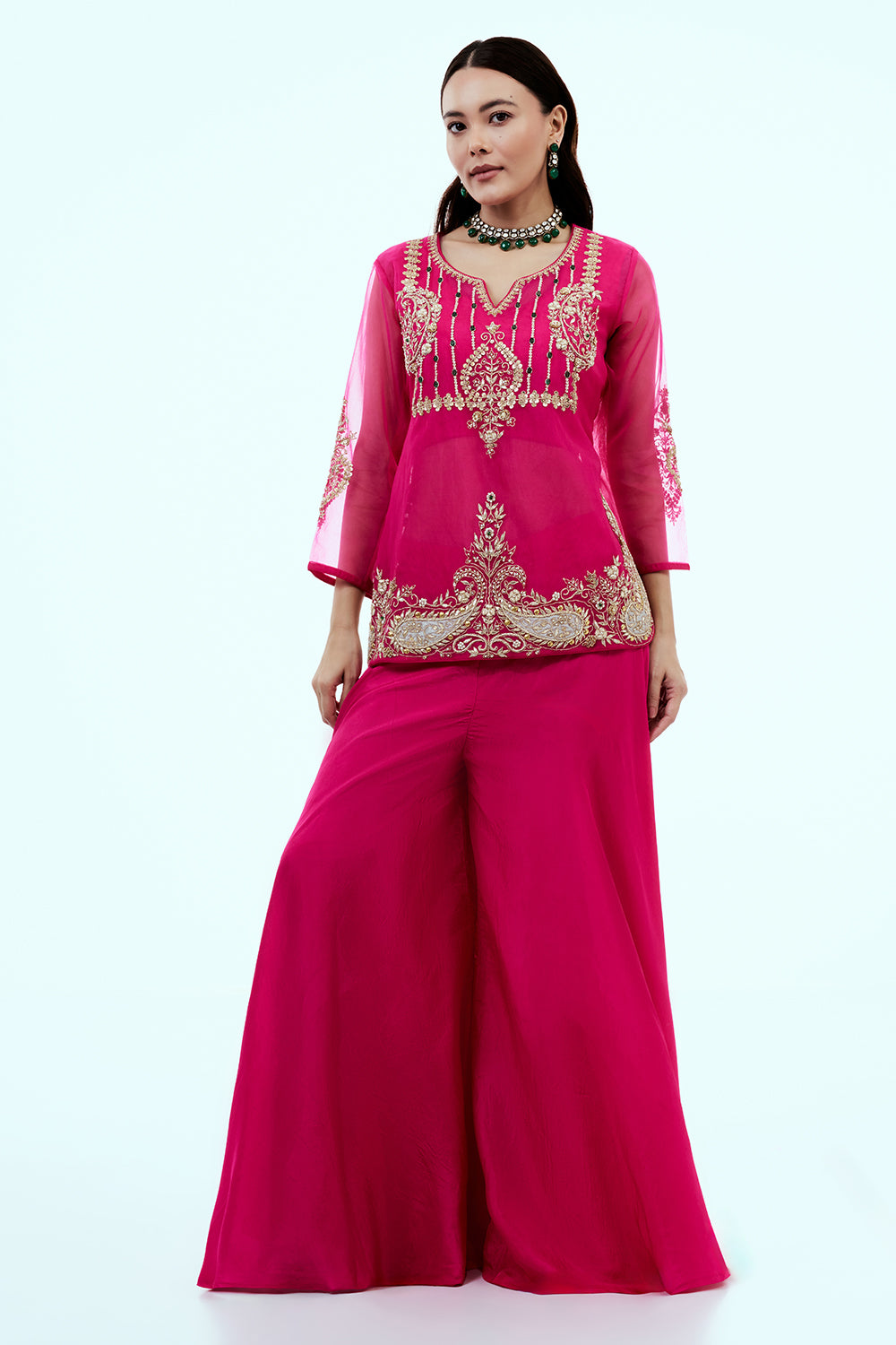 Rani Pink Uppada Silk Suit Set with Zardosi Work