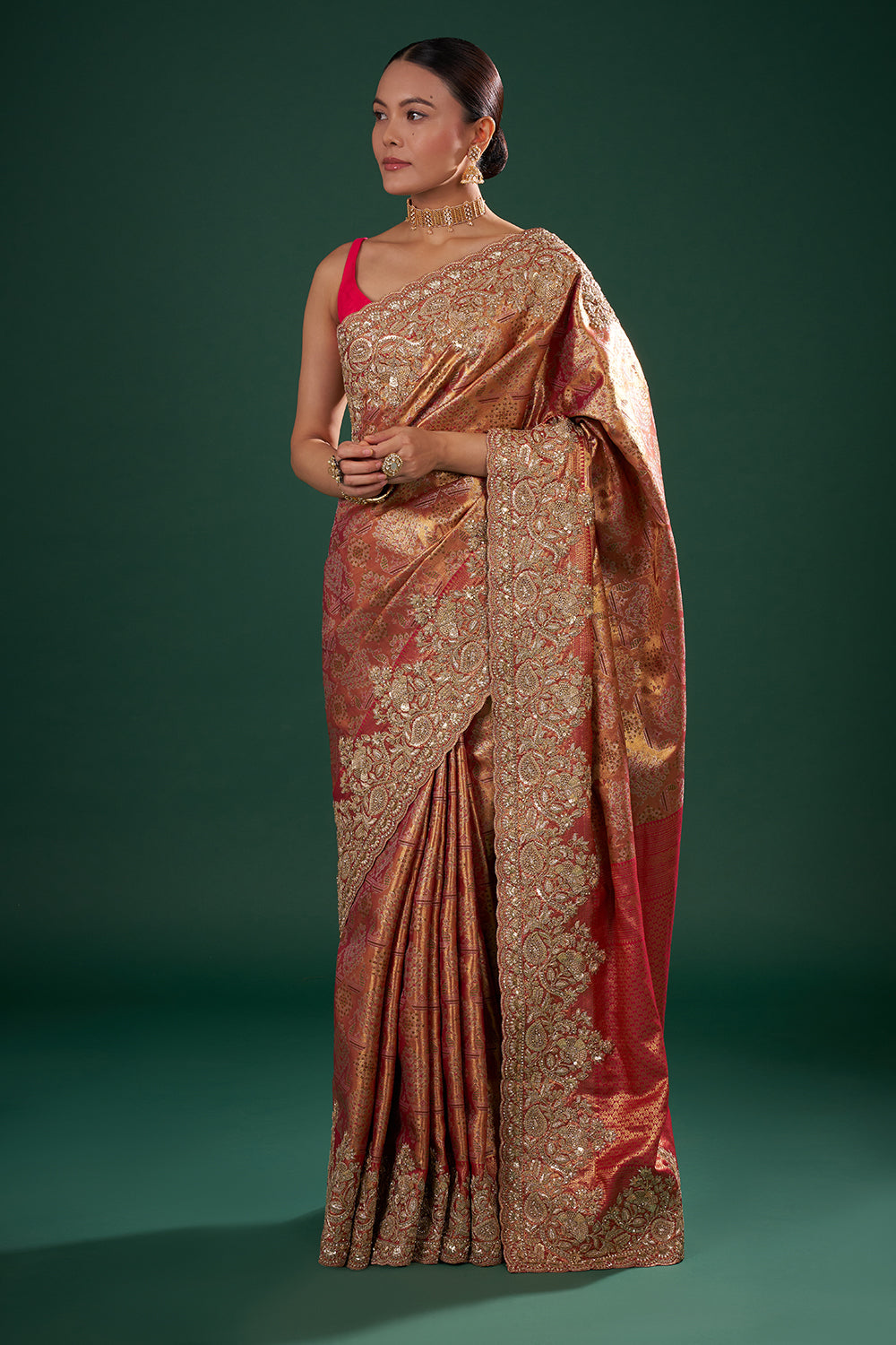 Rani Red and Antique Gold Banarasi Saree with Zardozi Work and Unstitched Blouse