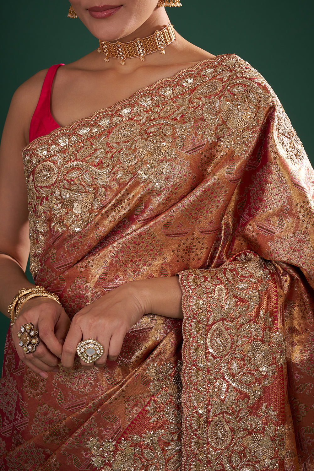 Rani Red and Antique Gold Banarasi Saree with Zardozi Work and Unstitched Blouse