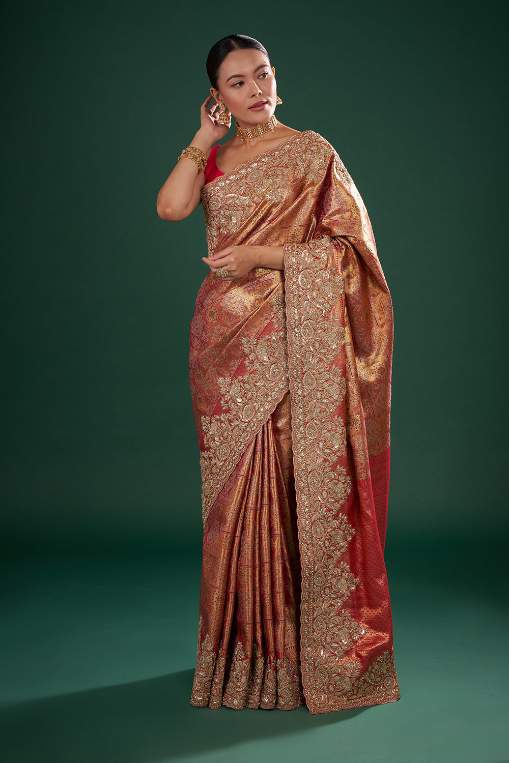 Rani Red and Antique Gold Banarasi Saree with Zardozi Work and Unstitched Blouse
