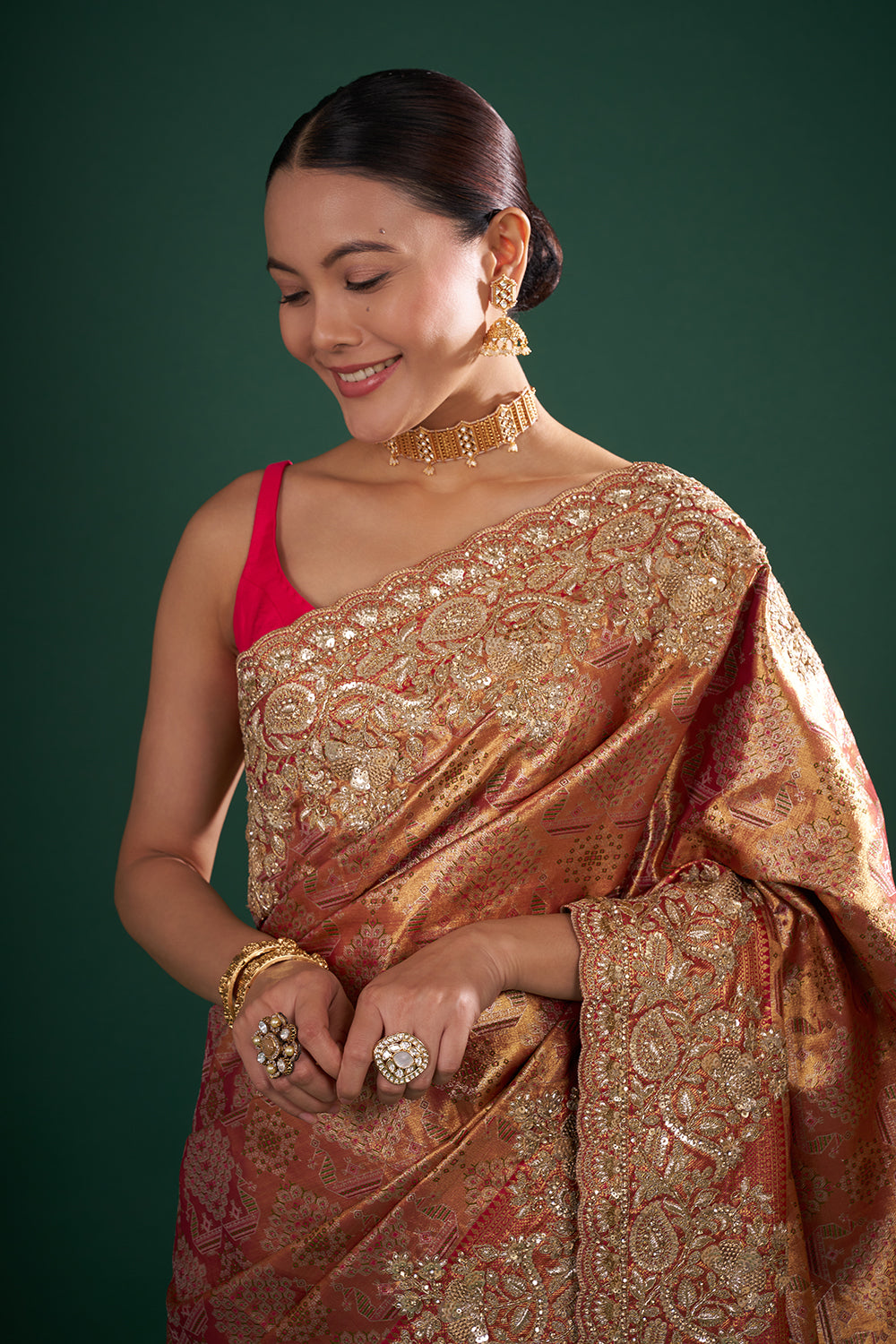 Rani Red and Antique Gold Banarasi Saree with Zardozi Work and Unstitched Blouse