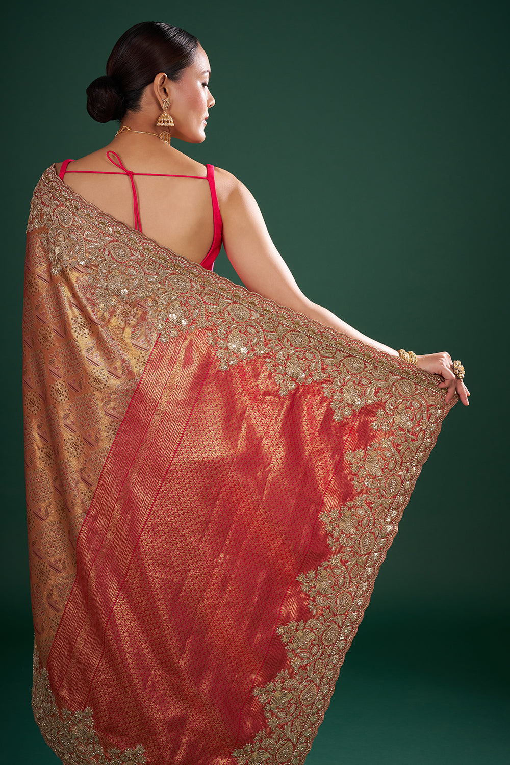Rani Red and Antique Gold Banarasi Saree with Zardozi Work and Unstitched Blouse