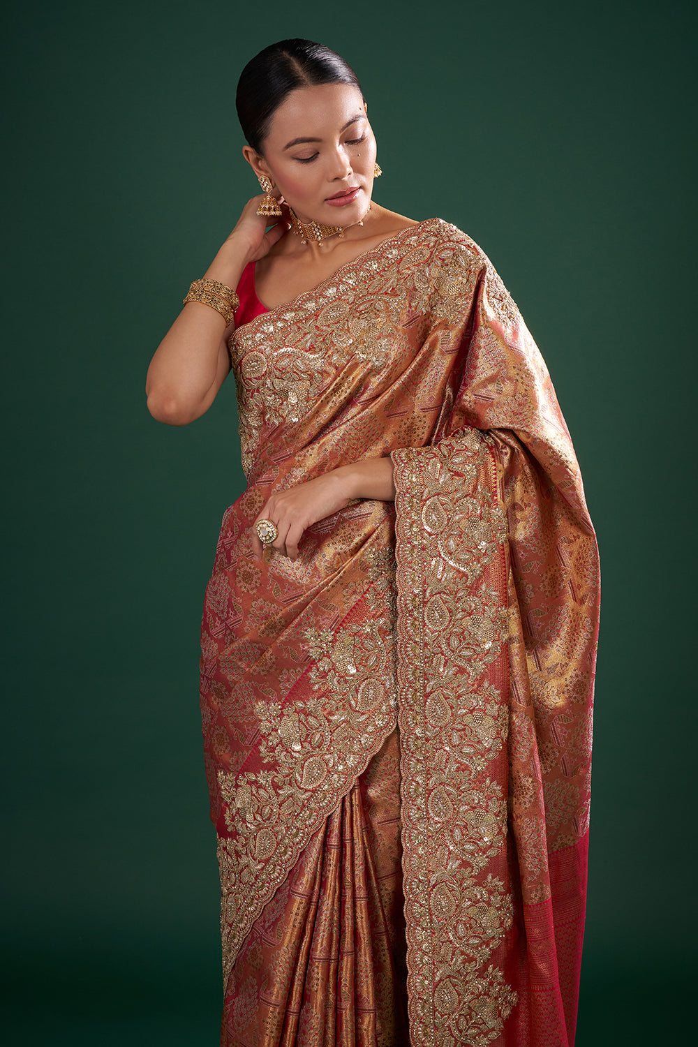 Rani Red and Antique Gold Banarasi Saree with Zardozi Work and Unstitched Blouse