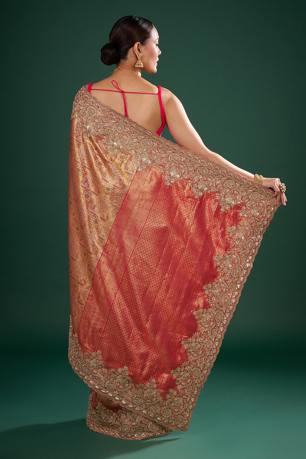 Rani Red and Antique Gold Banarasi Saree with Zardozi Work and Unstitched Blouse