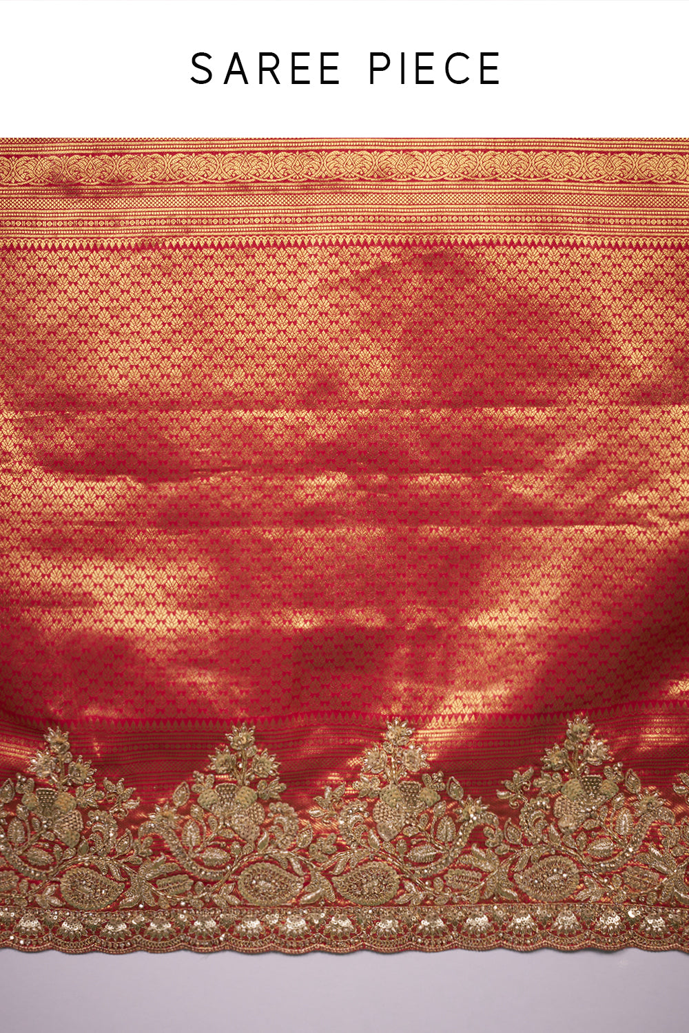 Rani Red and Antique Gold Banarasi Saree with Zardozi Work and Unstitched Blouse