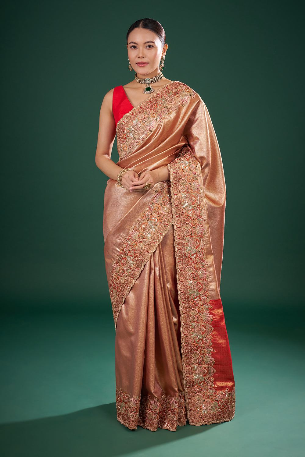 Red and Gold Pure Banarasi Saree with Zardozi Border and Unstitched Blouse