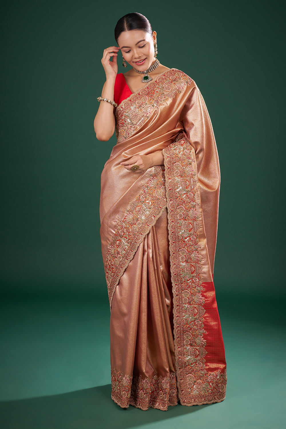 Red and Gold Pure Banarasi Saree with Zardozi Border and Unstitched Blouse
