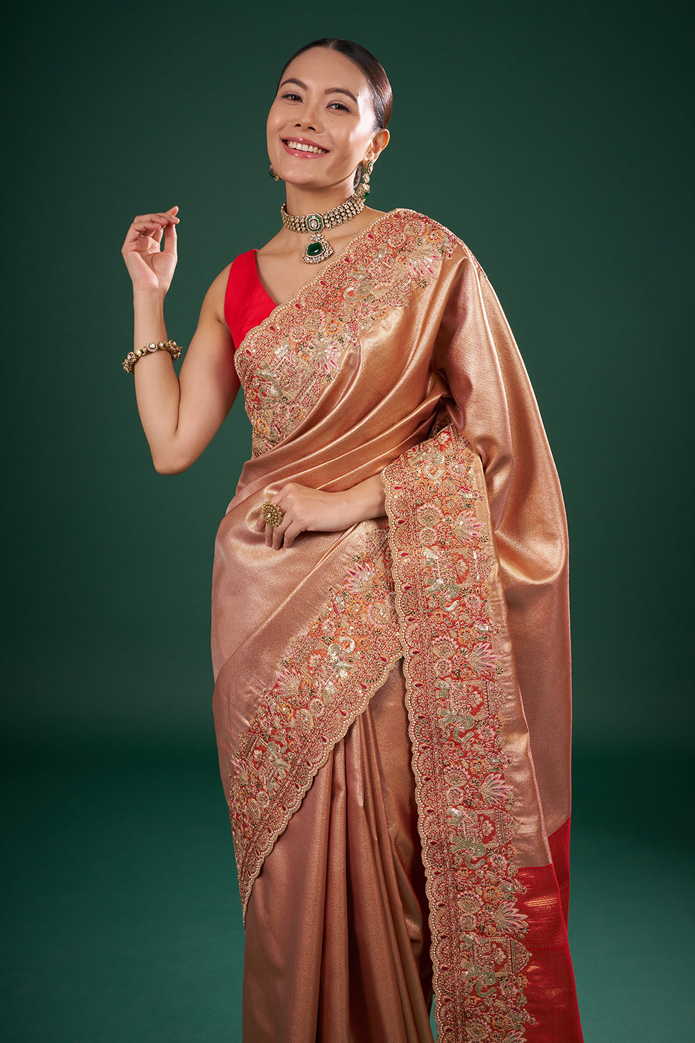 Red and Gold Pure Banarasi Saree with Zardozi Border and Unstitched Blouse