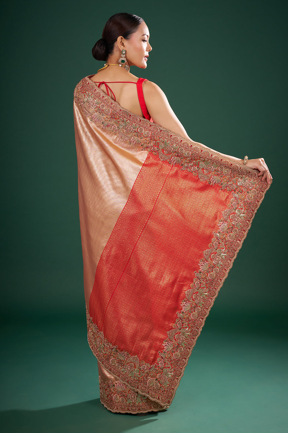 Red and Gold Pure Banarasi Saree with Zardozi Border and Unstitched Blouse